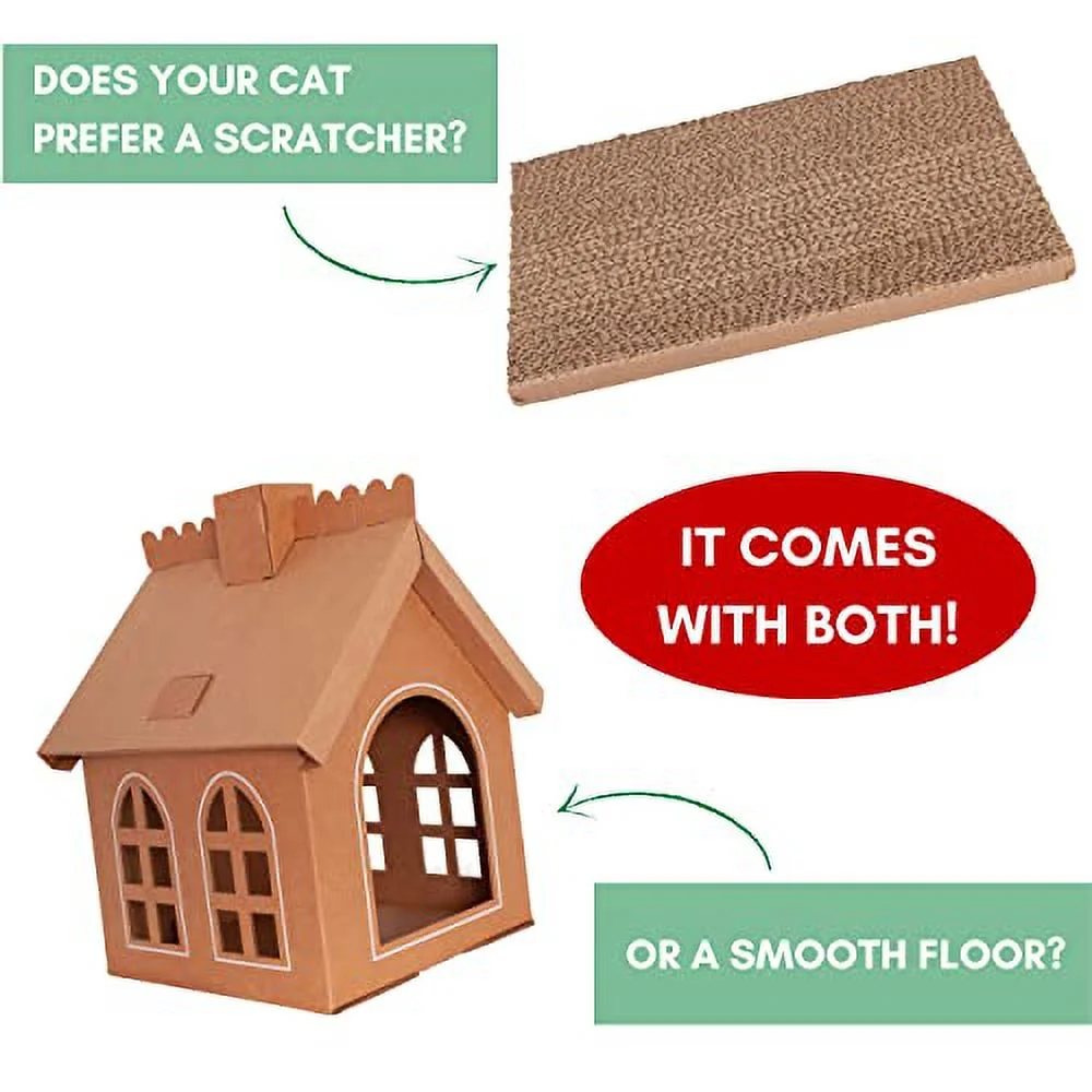 Gingerloaf House with Scratcher - Christmas Gingerbread Holiday Playhouse for Cats, Kittens, Rabbits, Bunny, with Giant Candy Sticker Sheet for Decorating