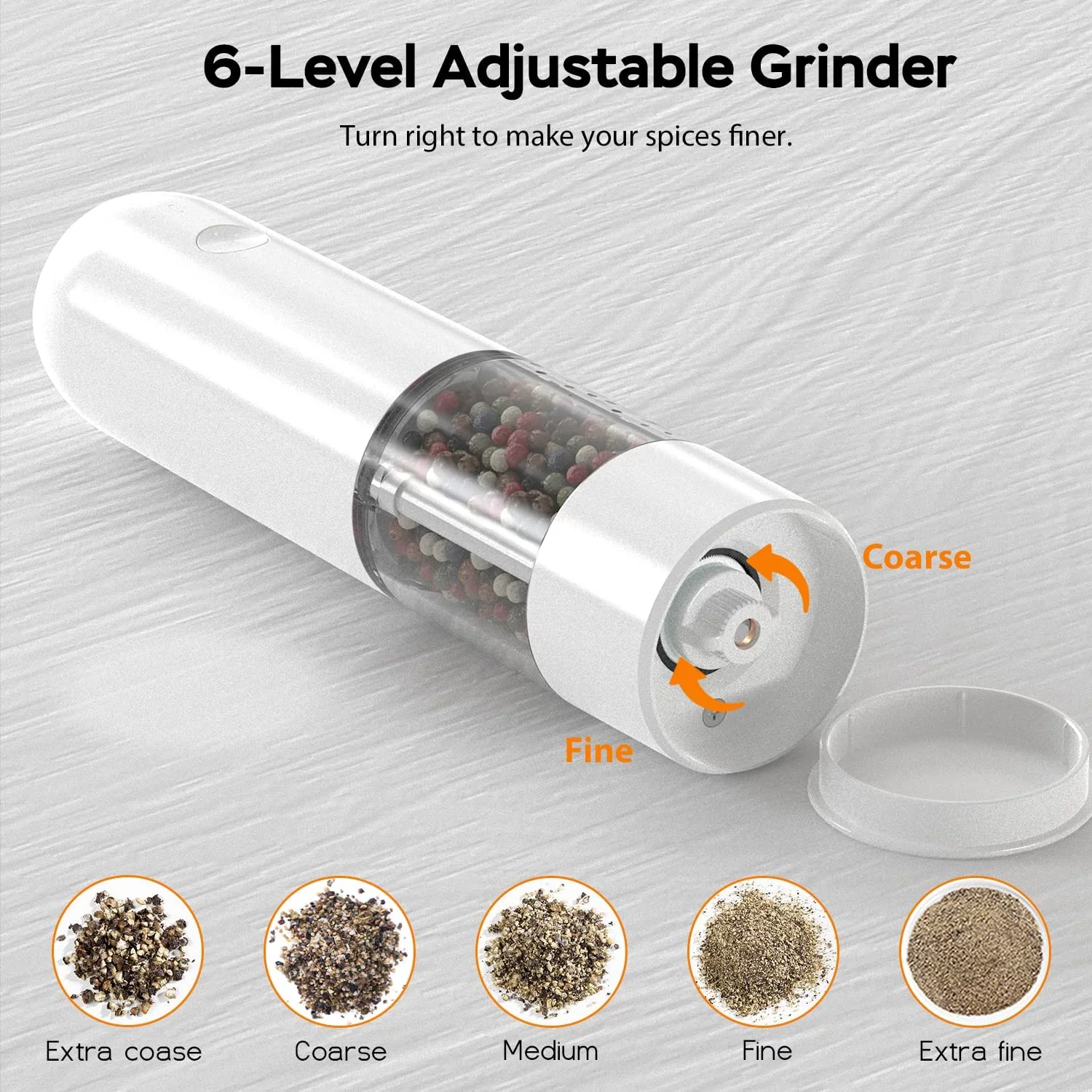 Tomeem Electric Salt and Pepper Grinder Set Rechargeable with 6-Level Adjustable Coarseness LED Light Upgraded Larger Capacity 46g