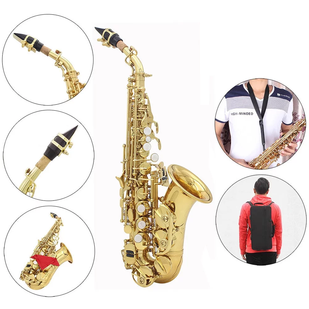 Brass Golden Carve Pattern Bb Bend Althorn Soprano Saxophone Sax Pearl White Shell Buttons Wind Instrument with Case Gloves Cleaning Cloth Belt