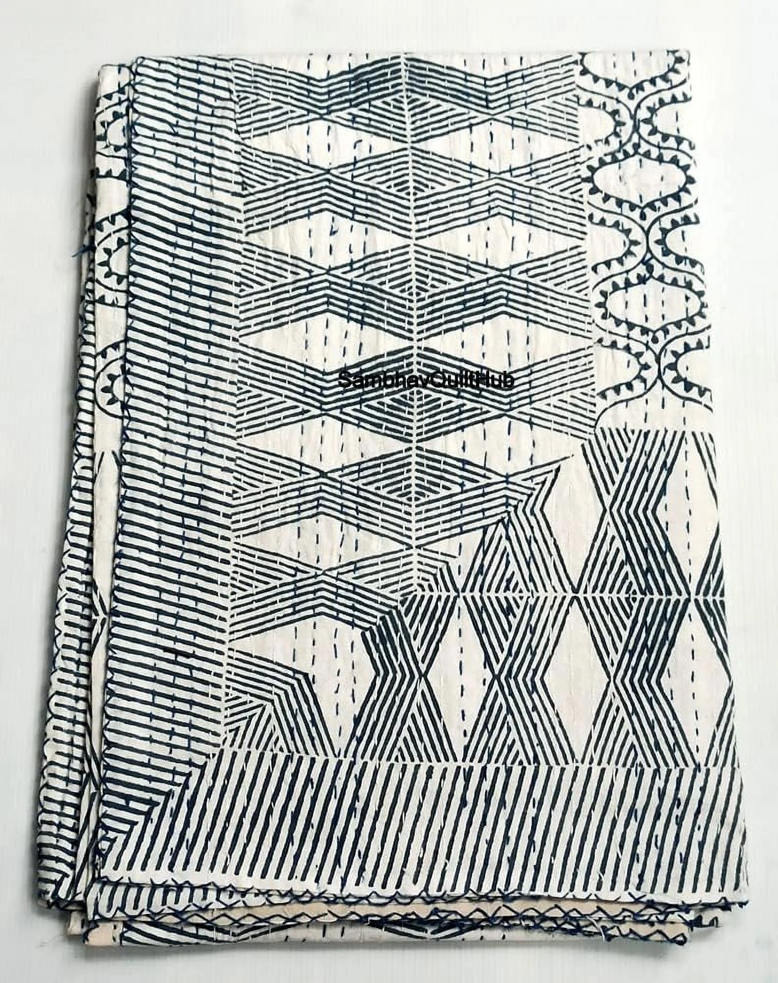 Handblock King Size Kantha Quilt, Indian Kantha Quilt, White Cotton Blanket, Handmade Bedspread, Hand Block Print, 100% Cotton Bedspread Blanket Throw