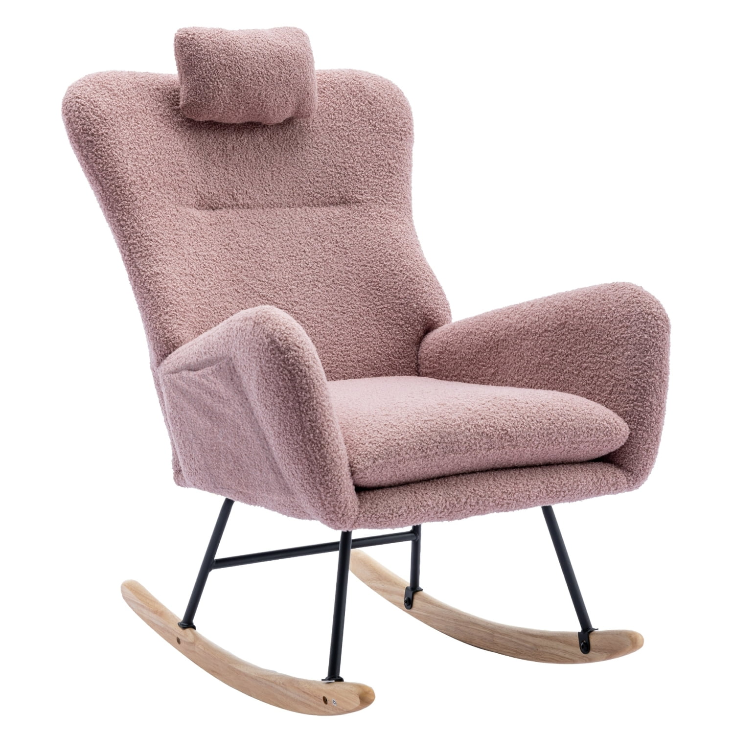 35.5 inch Rocking Chair with Pocket  Soft Teddy Fabric Rocking Chair for Nursery  Comfy Wingback Glider Rocker with Safe Solid Wood Base for Living Room Bedroom Balcony (pink)