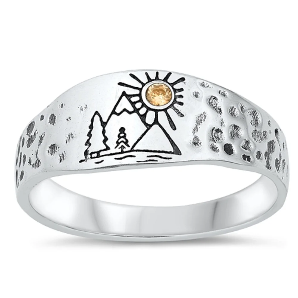 All in Stock Yellow Cubic Zirconia Sun With Mountain Ring Sterling Silver Size 4