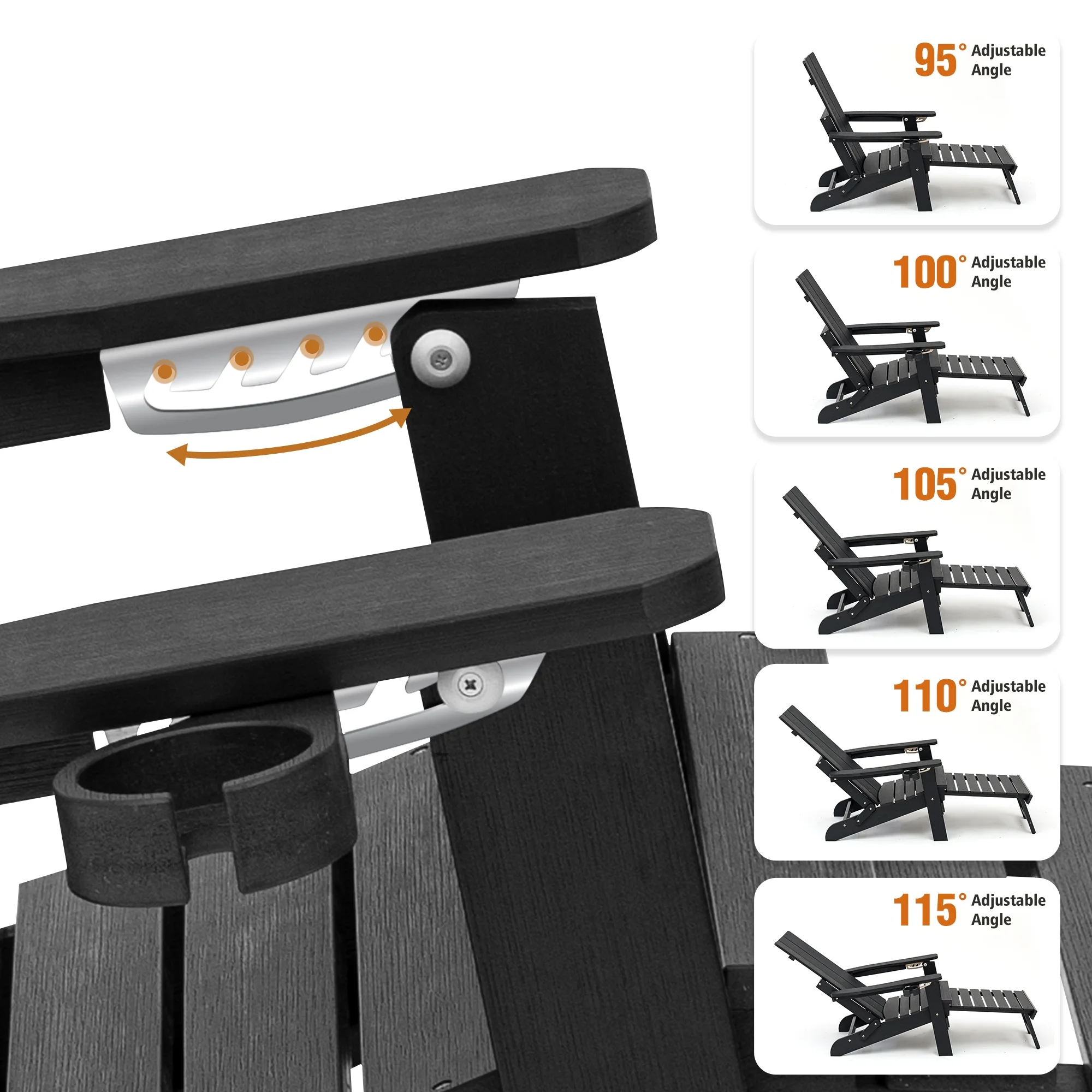 Innovaze Poly Lumber Plastic Folding Adirondack Chair with Cup Holders, Ottoman and Cushion, Heavy Duty 700 LBS, Black