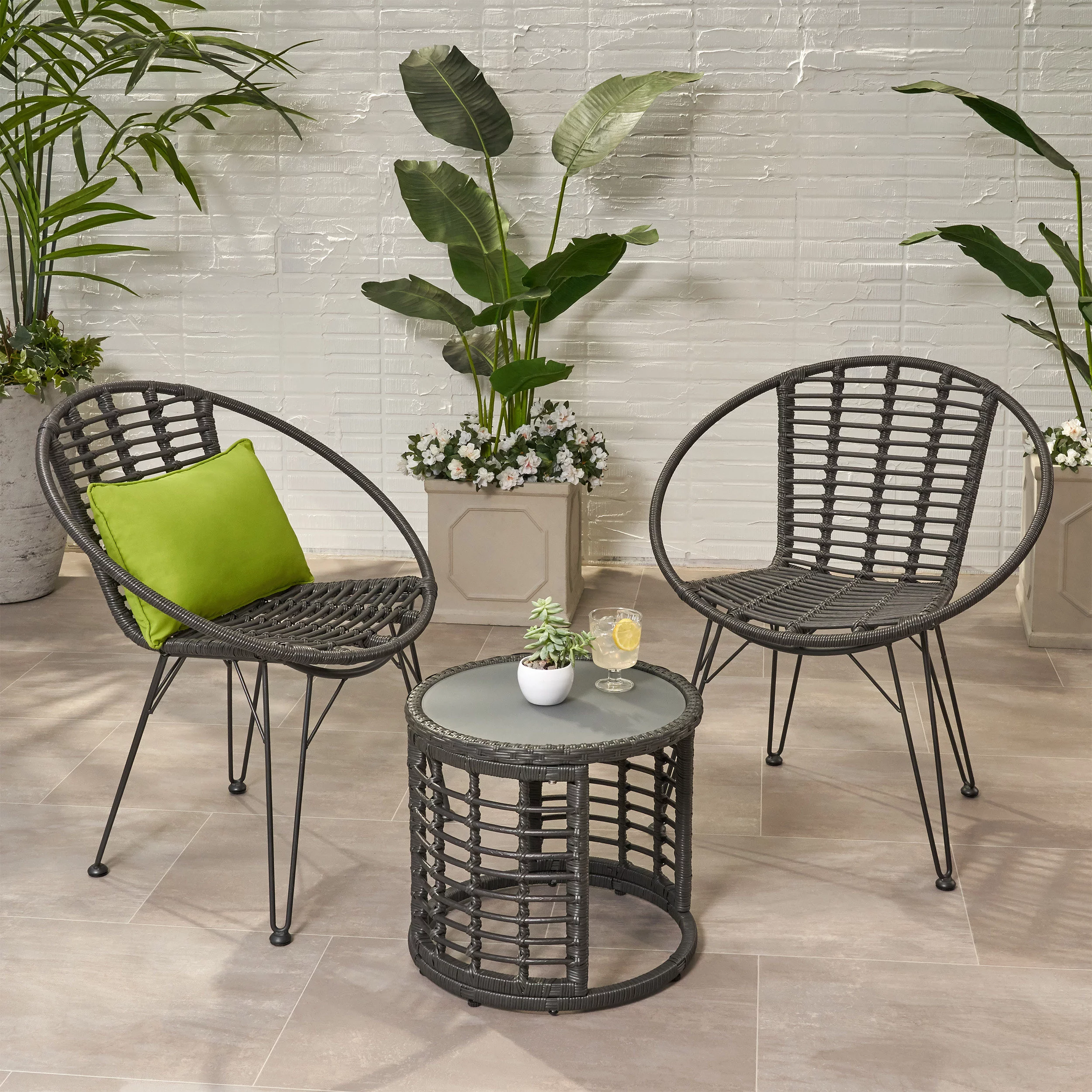 GDF Studio Zeferino Outdoor Modern 2 Seater Wicker Chat Set, Gray and Black