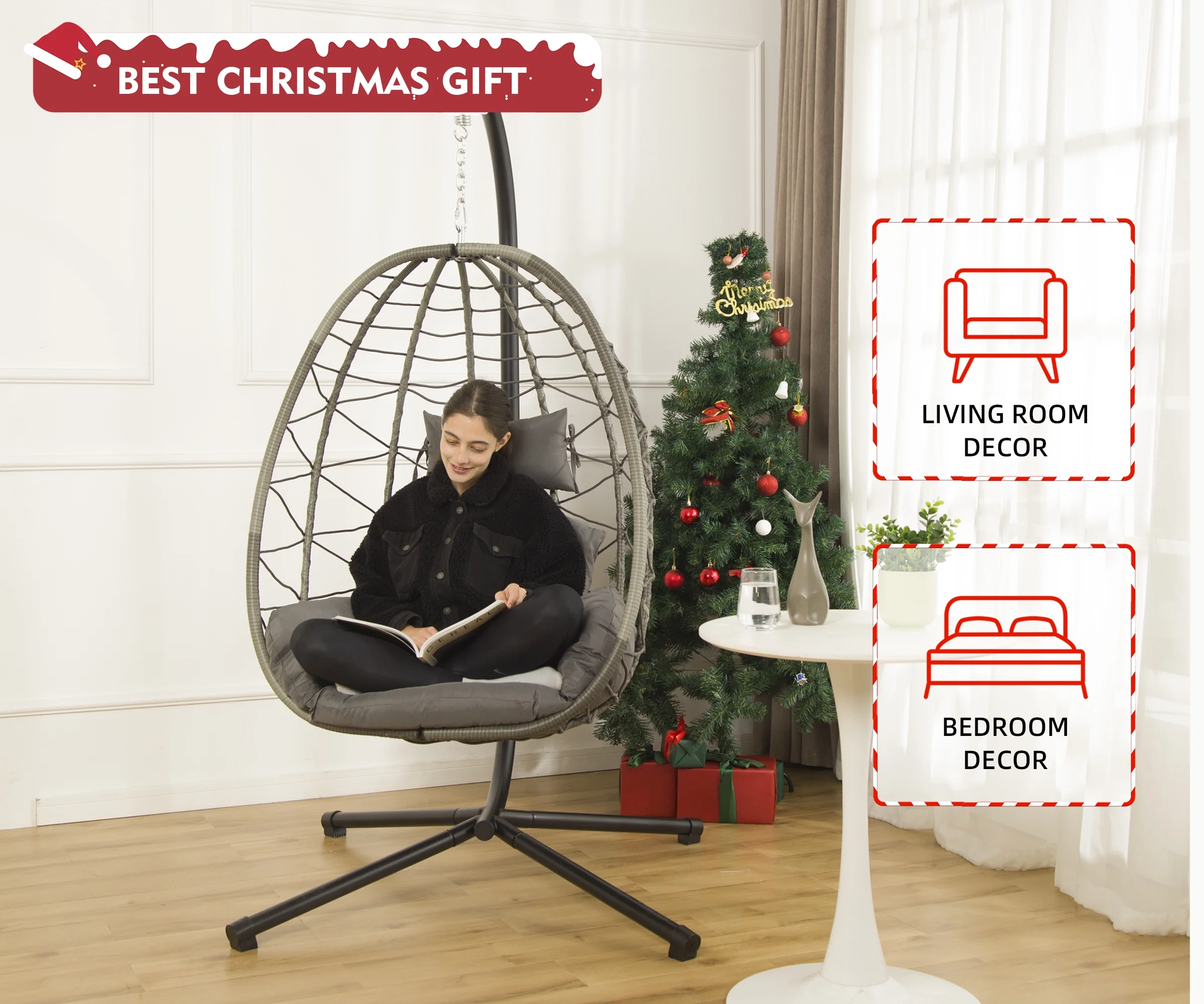 Bifanuo Swing chair clearance indoor Home Outdoor Egg Swing Chair, Patio Hanging Wicker basket stand with Soft Cushion UV Resistant 350LBS Capacity for Patio Backyard