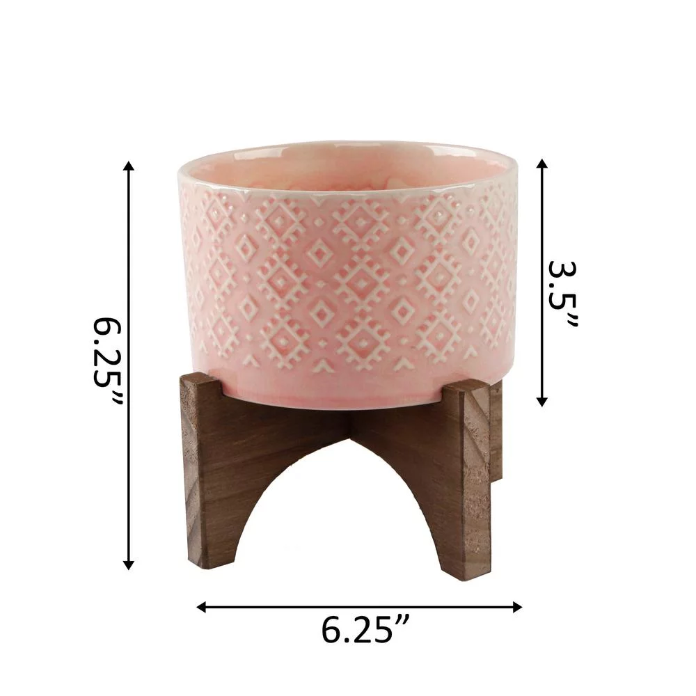 5 In. Pink India Ceramic Planter On Wood Stand Mid-Century Planter