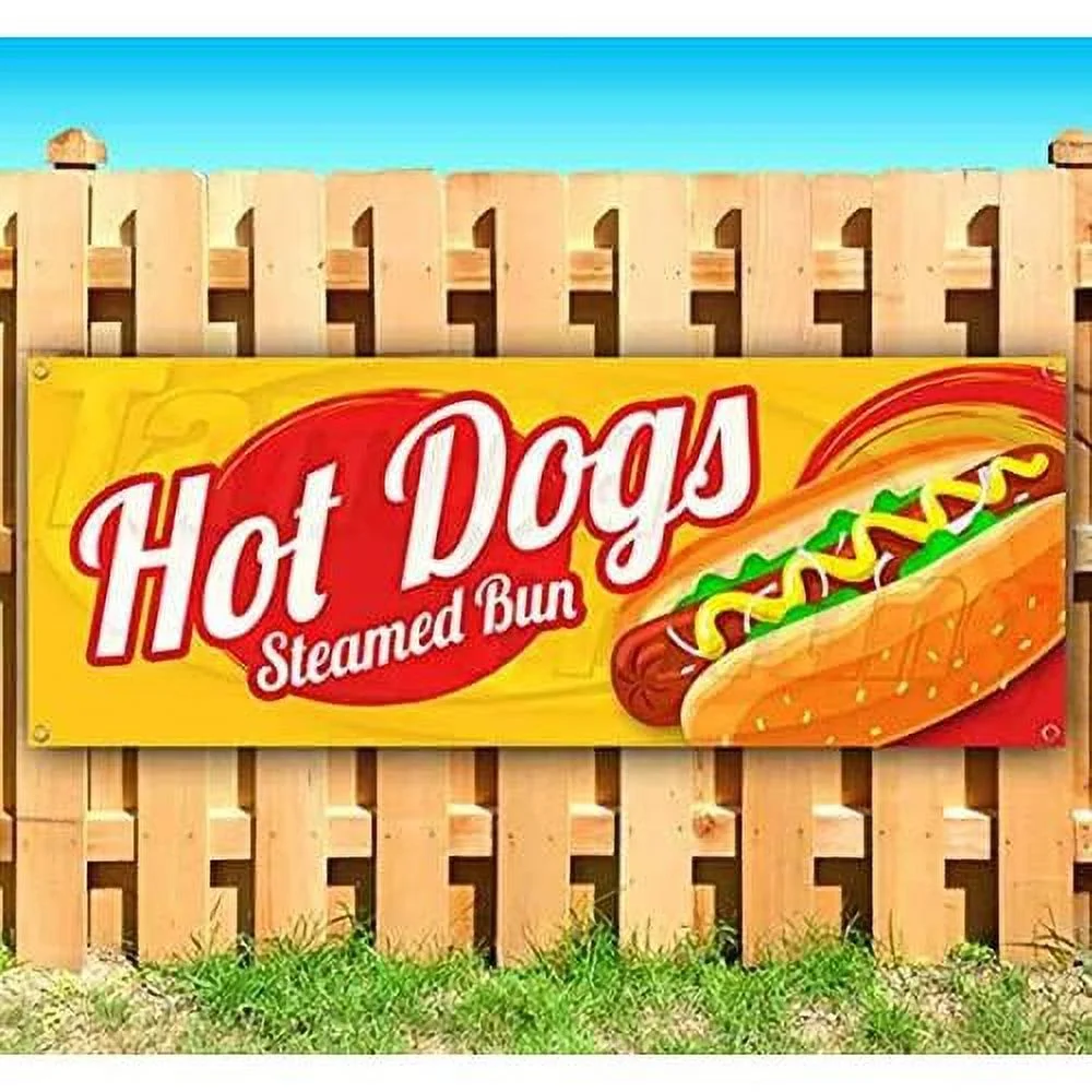 Hot Dogs Steamed Bun Banner 13 Oz | Non-Fabric | Heavy-Duty Vinyl Single-Sided With Metal Grommets