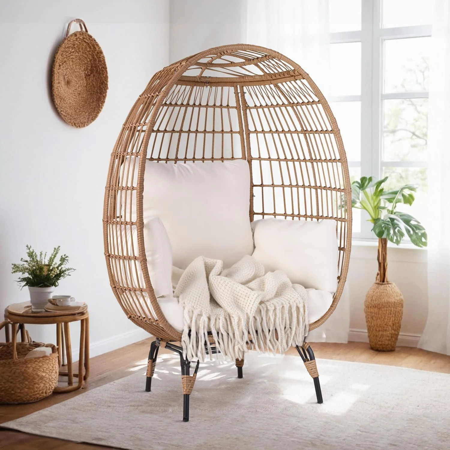 Wicker Egg Chair with 4 Cushions, Steel Frame, Outdoor Indoor Oversized Lounger, Egg Basket Chair, 440lb Capacity, White