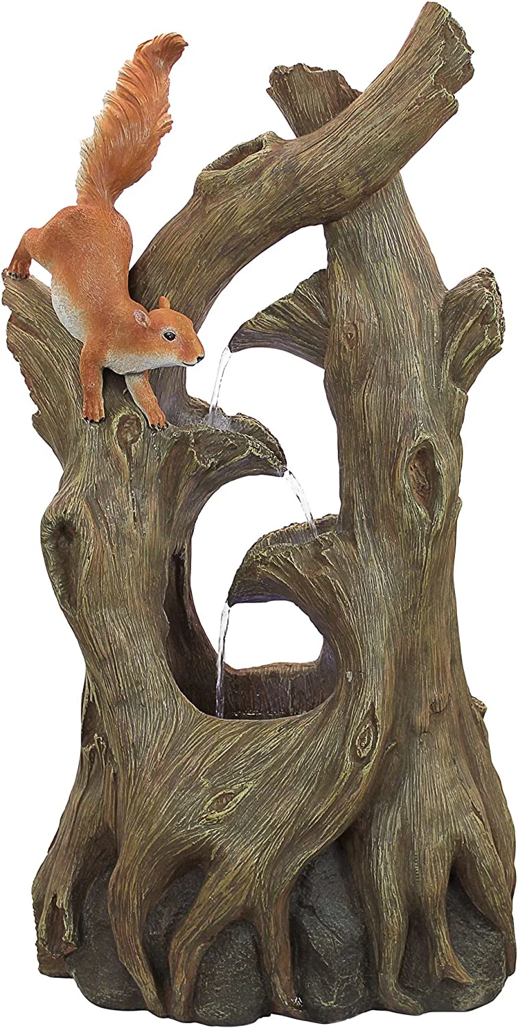 Water Fountain with LED Light - Nearly 3 Foot Tall Tree Squirrel Garden Decor Fountain - Outdoor Water Feature
