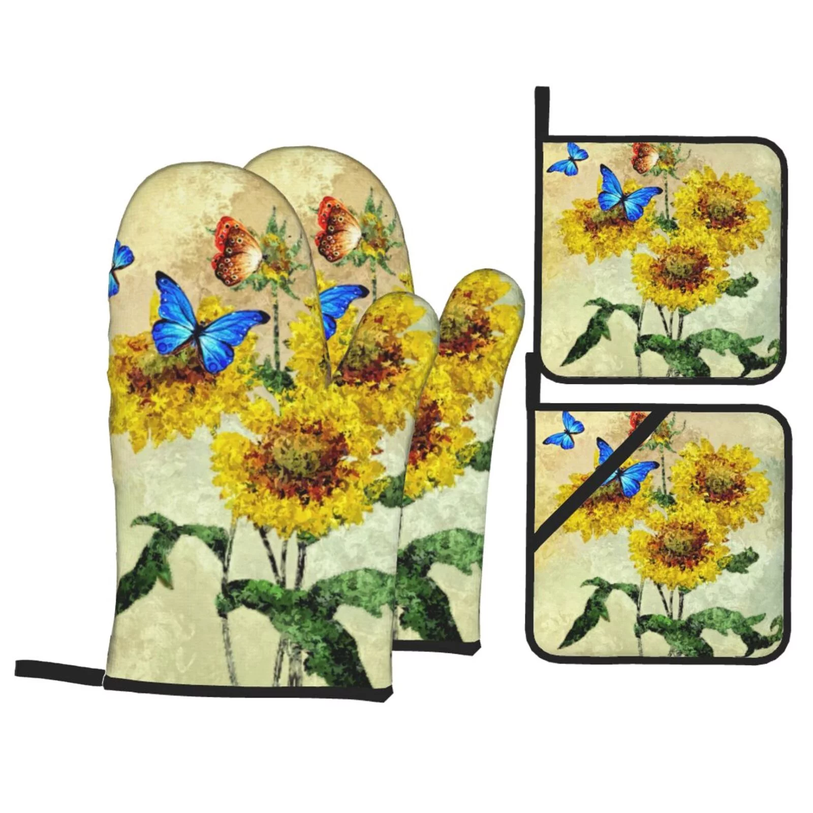 XMXT Waterproof Oven Mitts and Pot Holders Sets, Watercolor Butterfly Decoration Sets Kitchen Cooking Heat Resistant, 4 Pcs