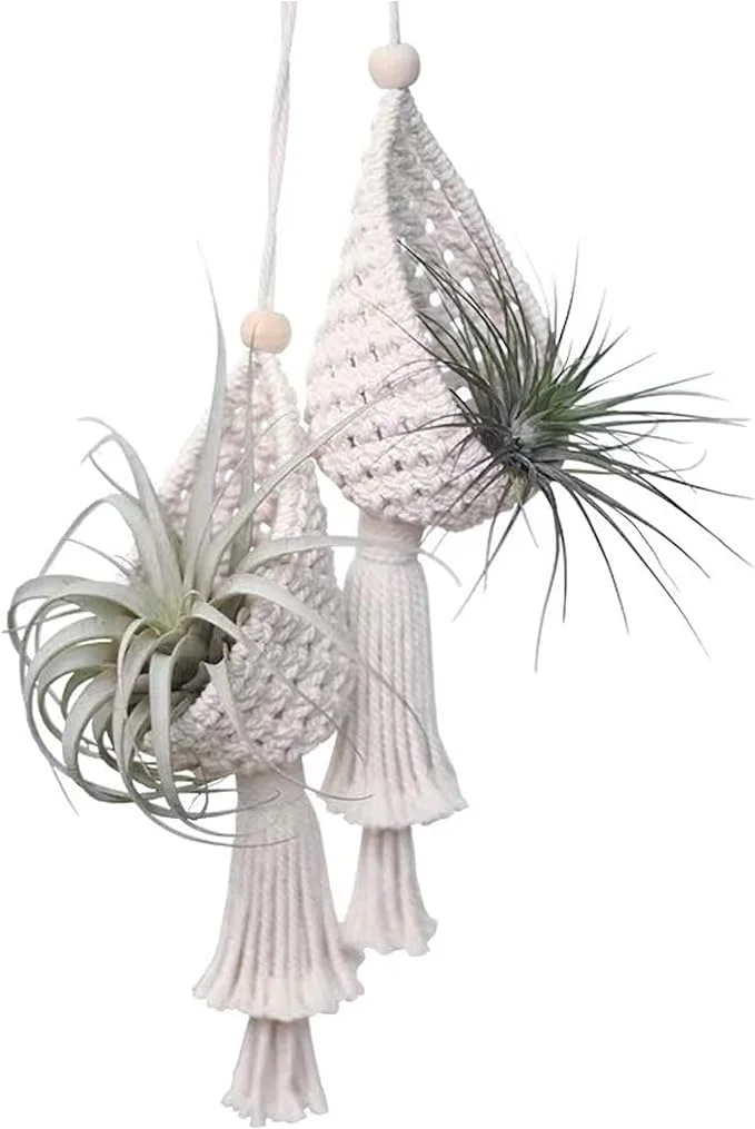 2 Pack Macrame Plant Hangers Air Plants Hanging Basket, Boho Macrame Wall Hanging for Indoor Outdoor Home Decor