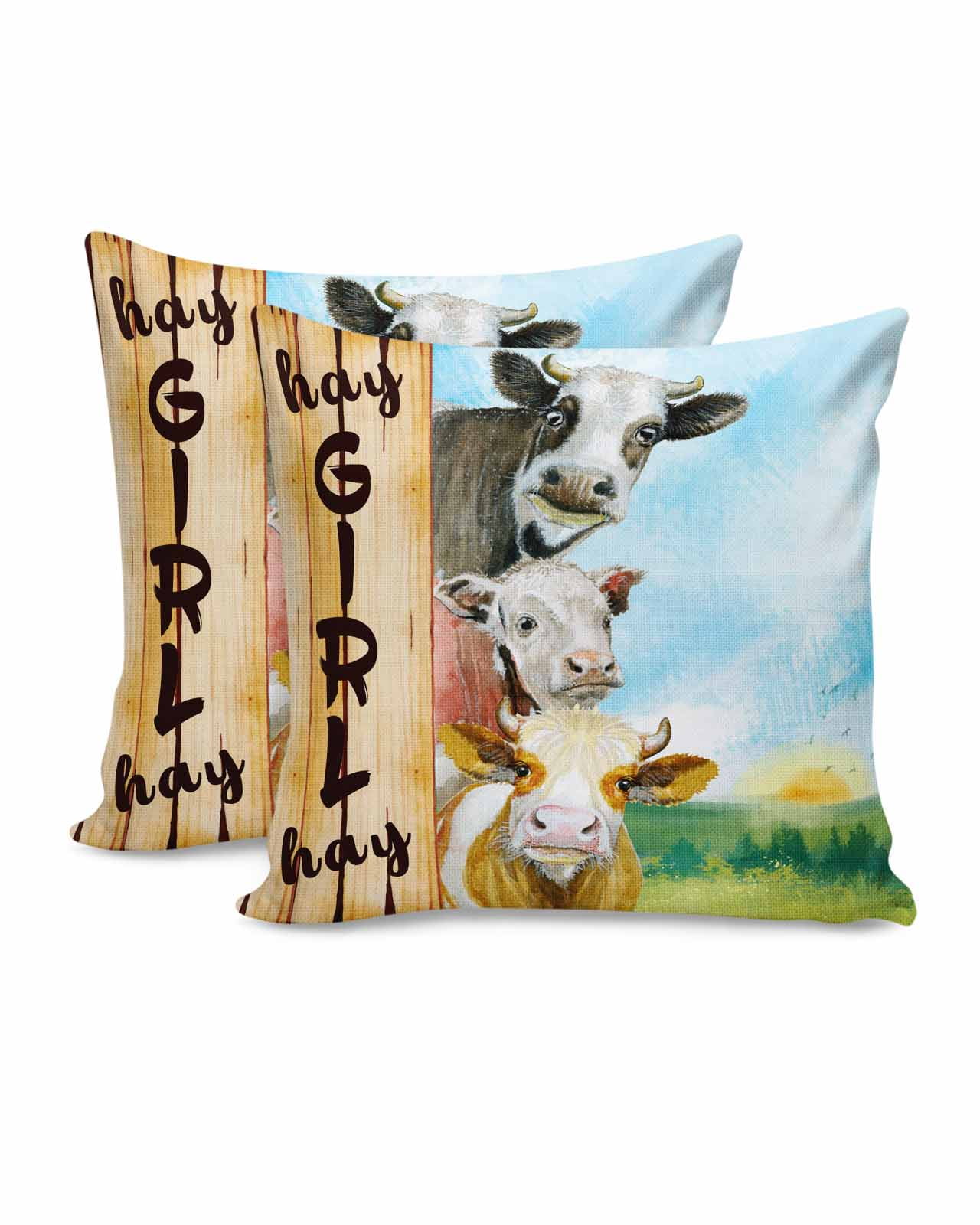 Farmhouse Cow Cattle 16x16 Pillow Covers Set of 2, Hay Girl Hay Decorations Outdoor Throw Pillow Covers, Cotton Linen Square Pillowcases for Patio Sofa Couch Bedroom Decorative