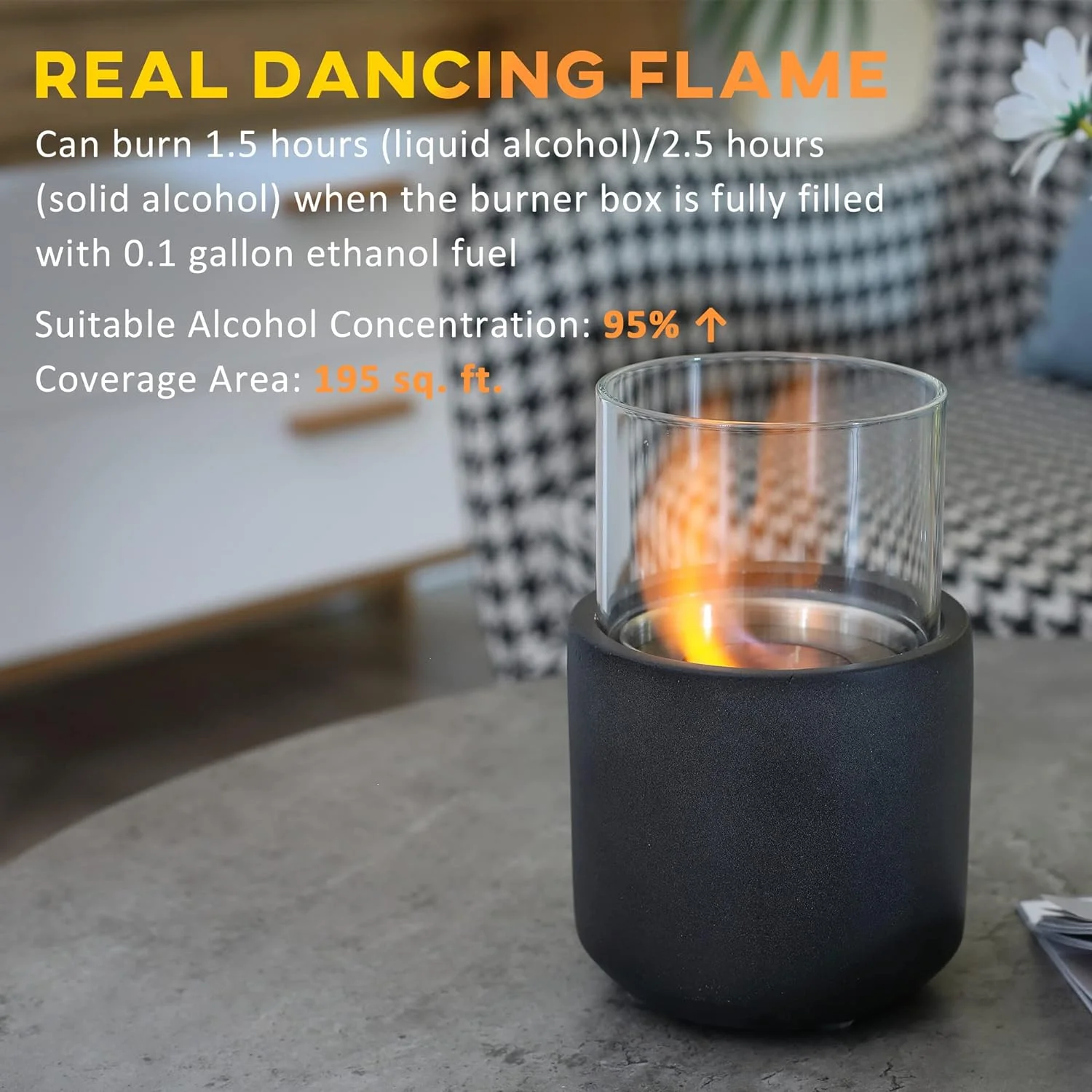 Tabletop Fireplace, Mini Concrete Ethanol Fire Bowl with Lid, Burns up with Liquid Alcohol and Solid Tablet Alcohol, Dark Grey