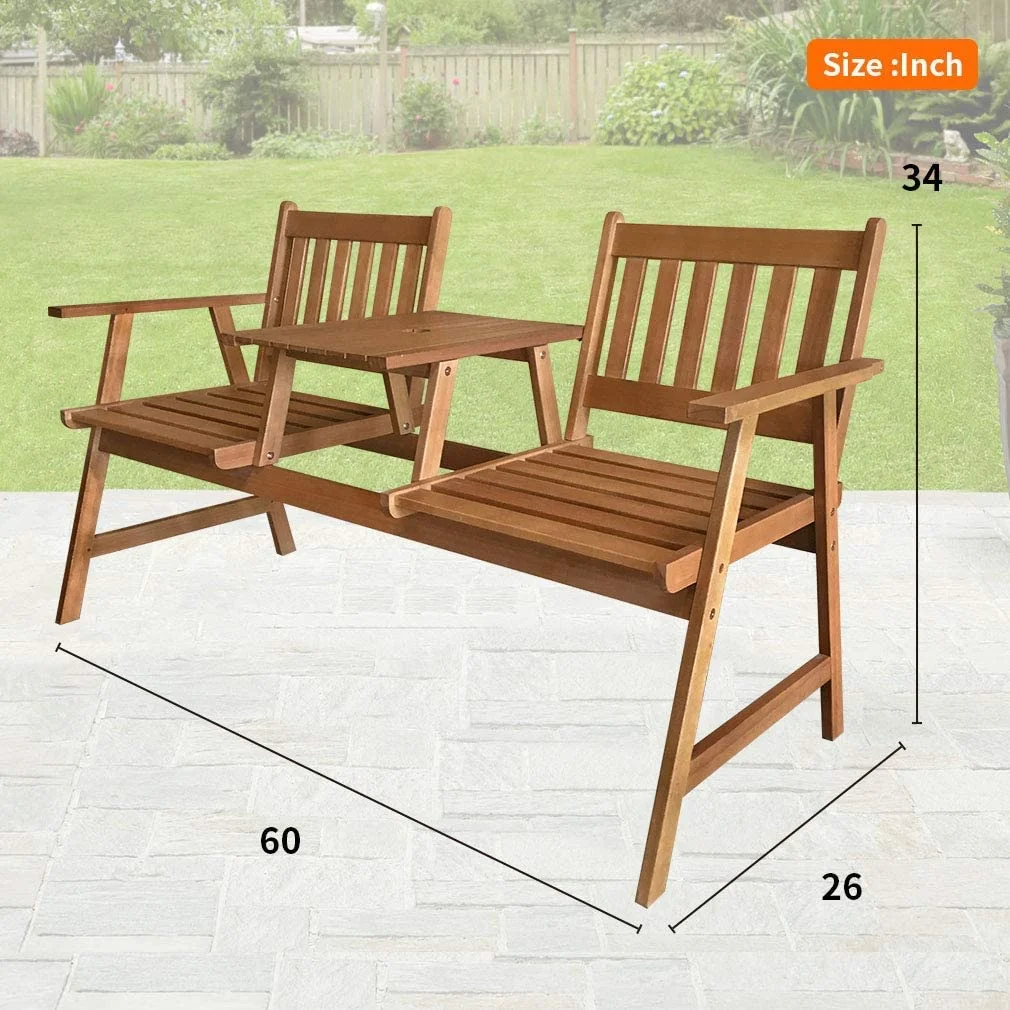 Outdoor Patio Bench Wood Garden Bench Park Bench Acacia Wood with Table for Pool Beach Backyard Balcony Porch Deck Garden Wooden Furniture