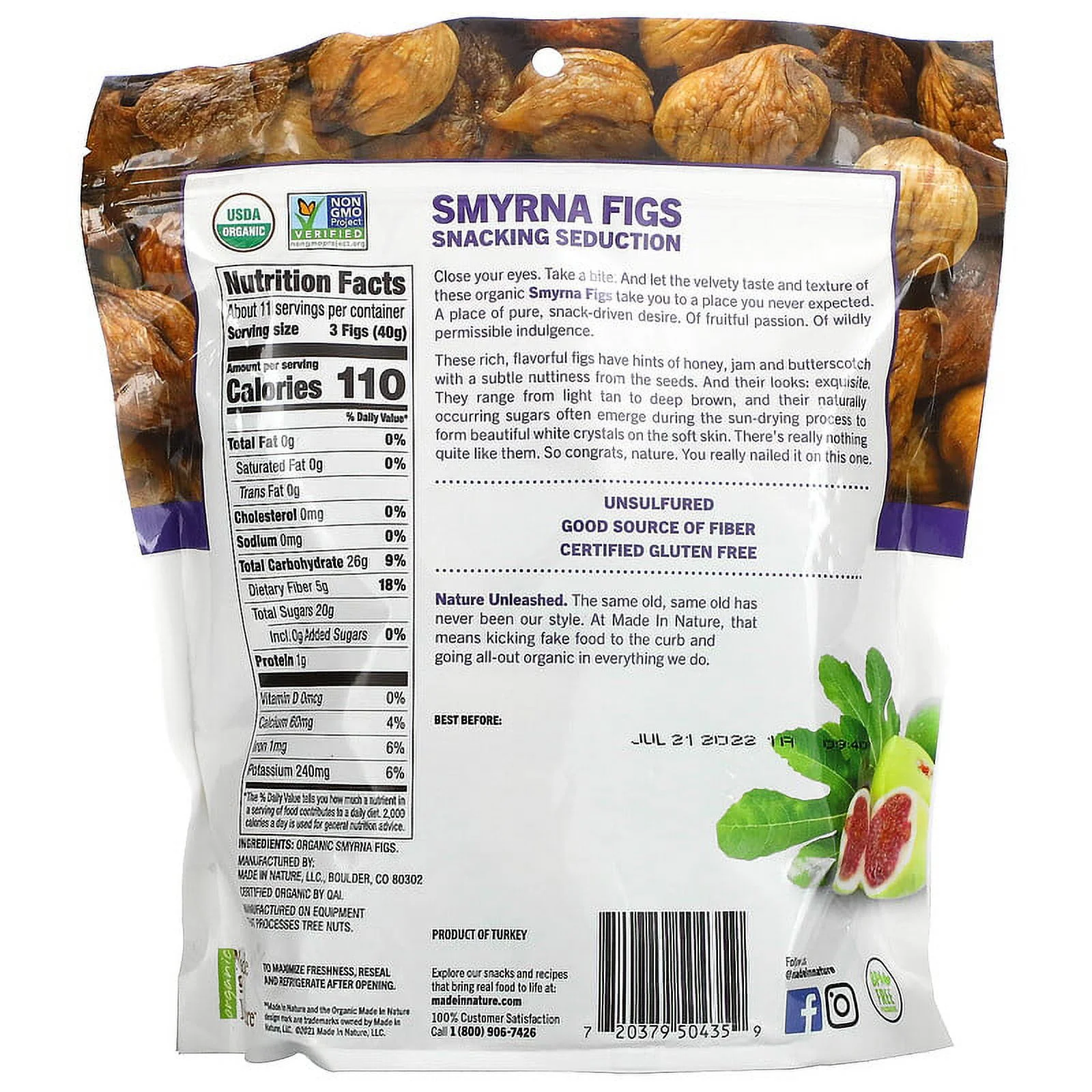 Made in Nature, Organic Dried Smyrna Figs, Soft & Sultry Supersnacks, 1 lb Pack of 4