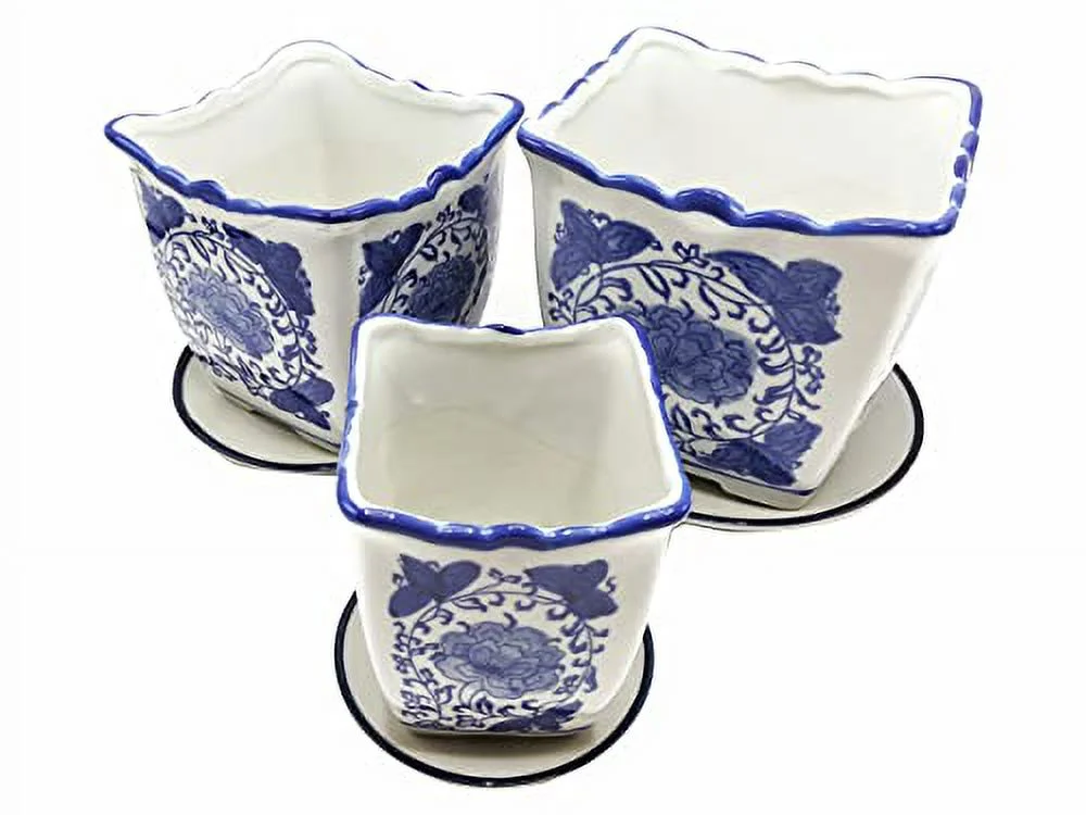 Blue and White Painted Three Piece Porcelain Planter Set