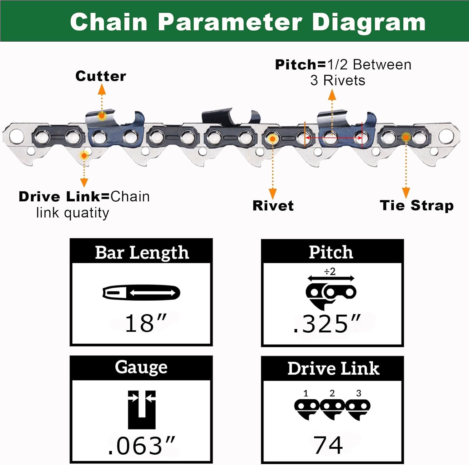 18 Inch Chainsaw Chain 3 Pack - L74 - .063