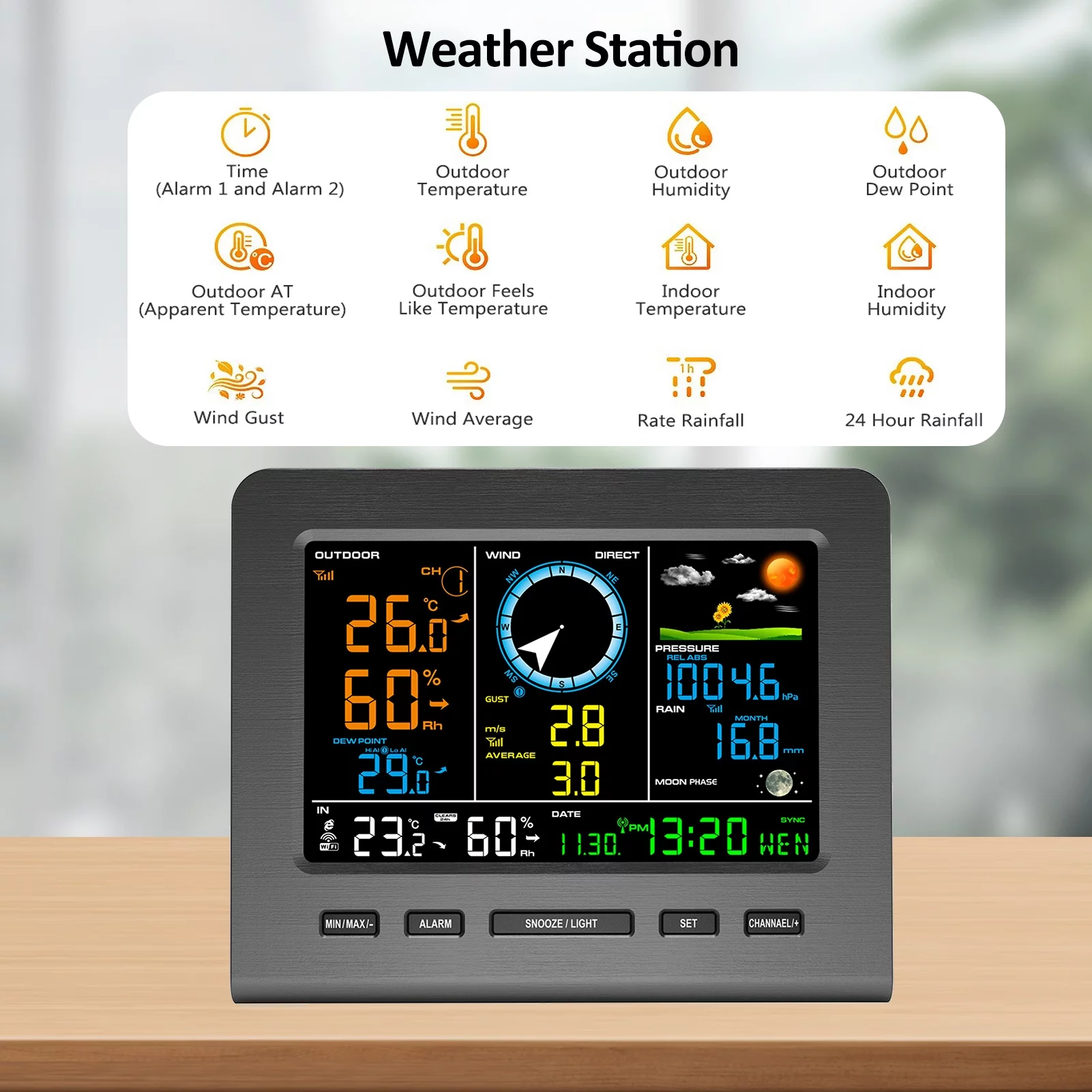 Lepmerk 0366-WF Wireless Weather Station with Sensor, Weather Station with Weather Forecast, Temperature, Air Pressure, Humidity, Wind Gauge, Rain Gauge, Moon Phrase, Alarm Clock
