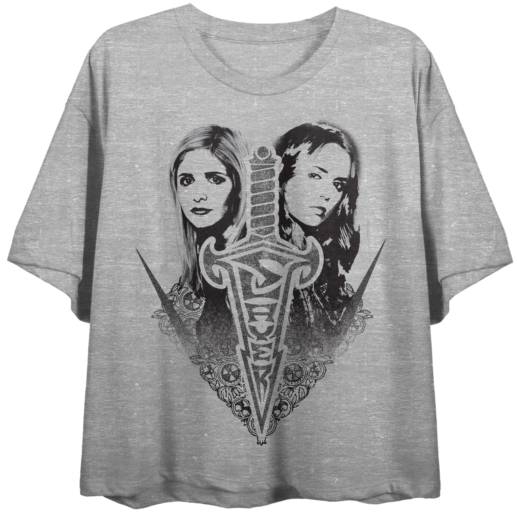Buffy The Vampire Slayer Slayerettes Distress Art Crew Neck Short Sleeve Gray Heather Women's Crop Top-Small