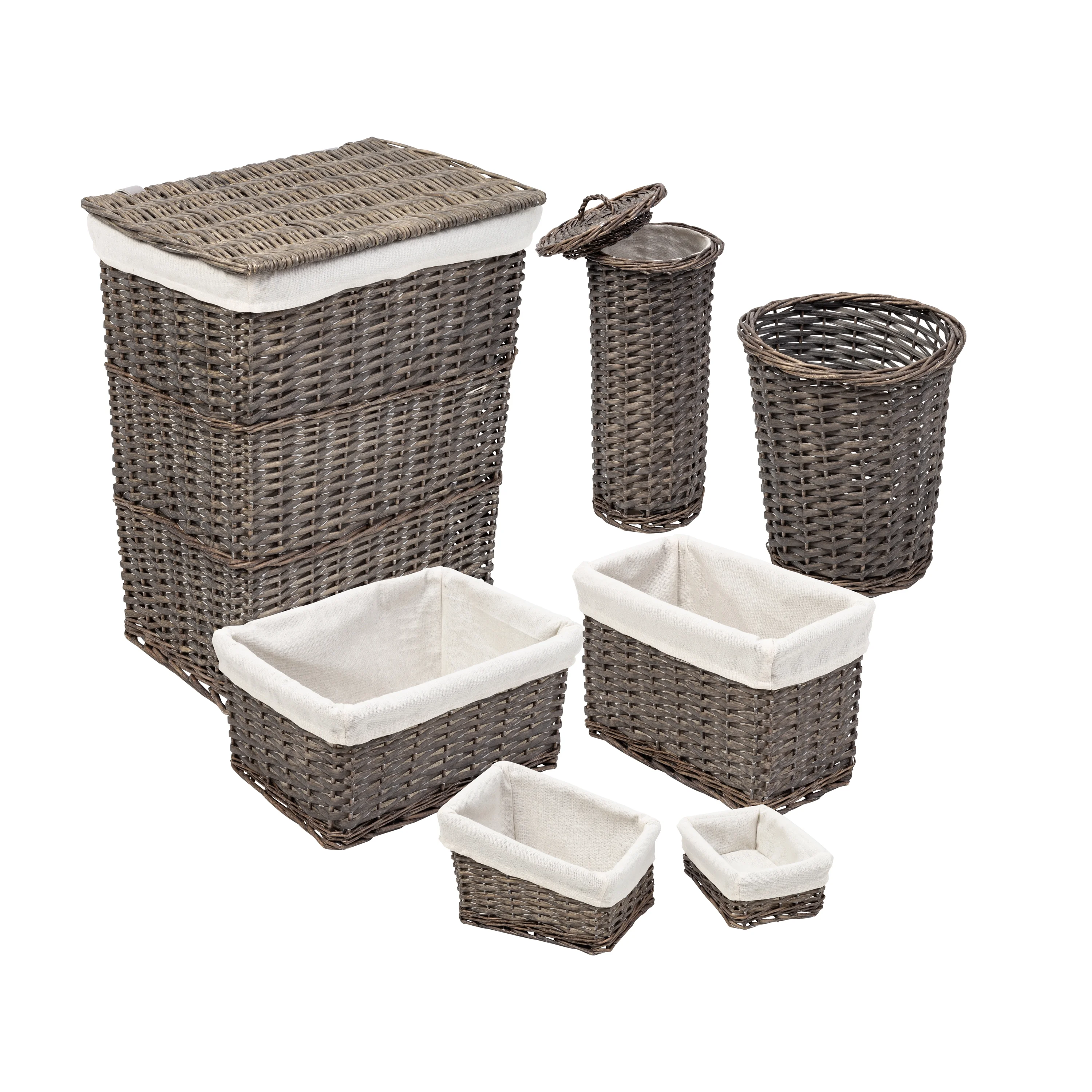 Honey-Can-Do 7-Pieces Split Willow Woven Bath Storage Laundry Hamper and Basket Set, Gray