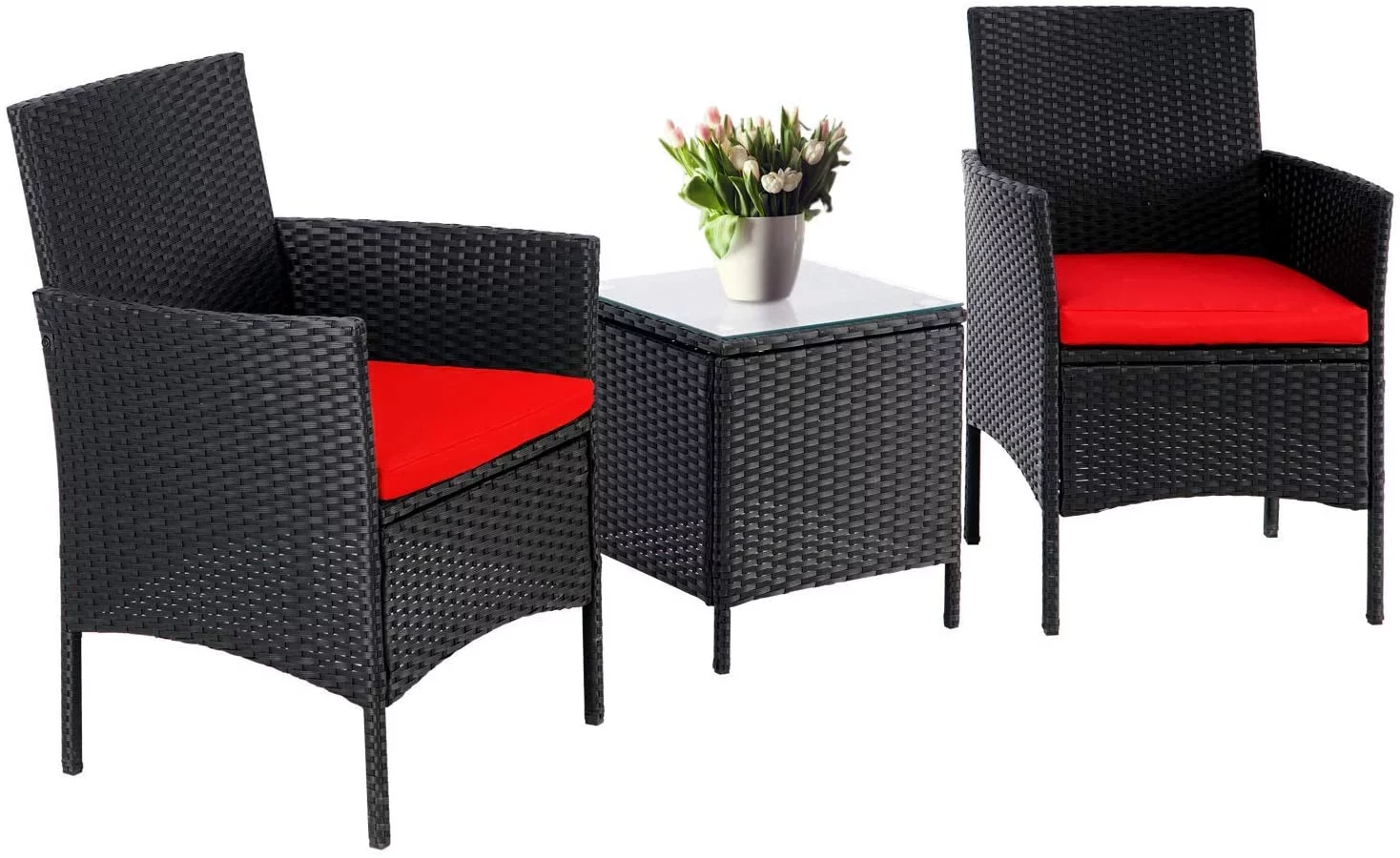 SQTYB VGYUIJN 3 Pieces Outdoor VGYUIJN Patio VGYUIJN Set PE Black Wicker Patio Chairs with Coffee VGYUIJN for Front Porch  Balcony  Backyard (Blue Cushion)