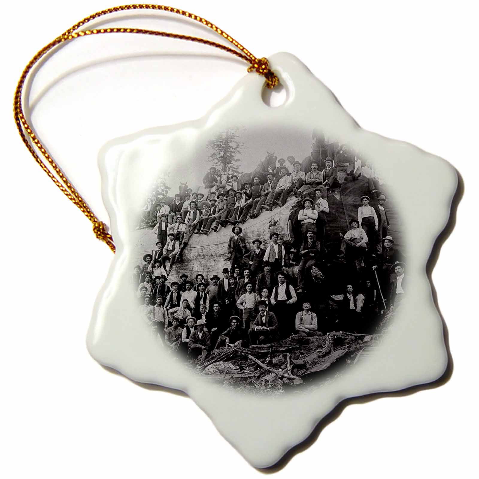 3dRose Vintage Loggers and Horses On Giant Sequoia Tree California 1917 - Snowflake Ornament, 3-inch