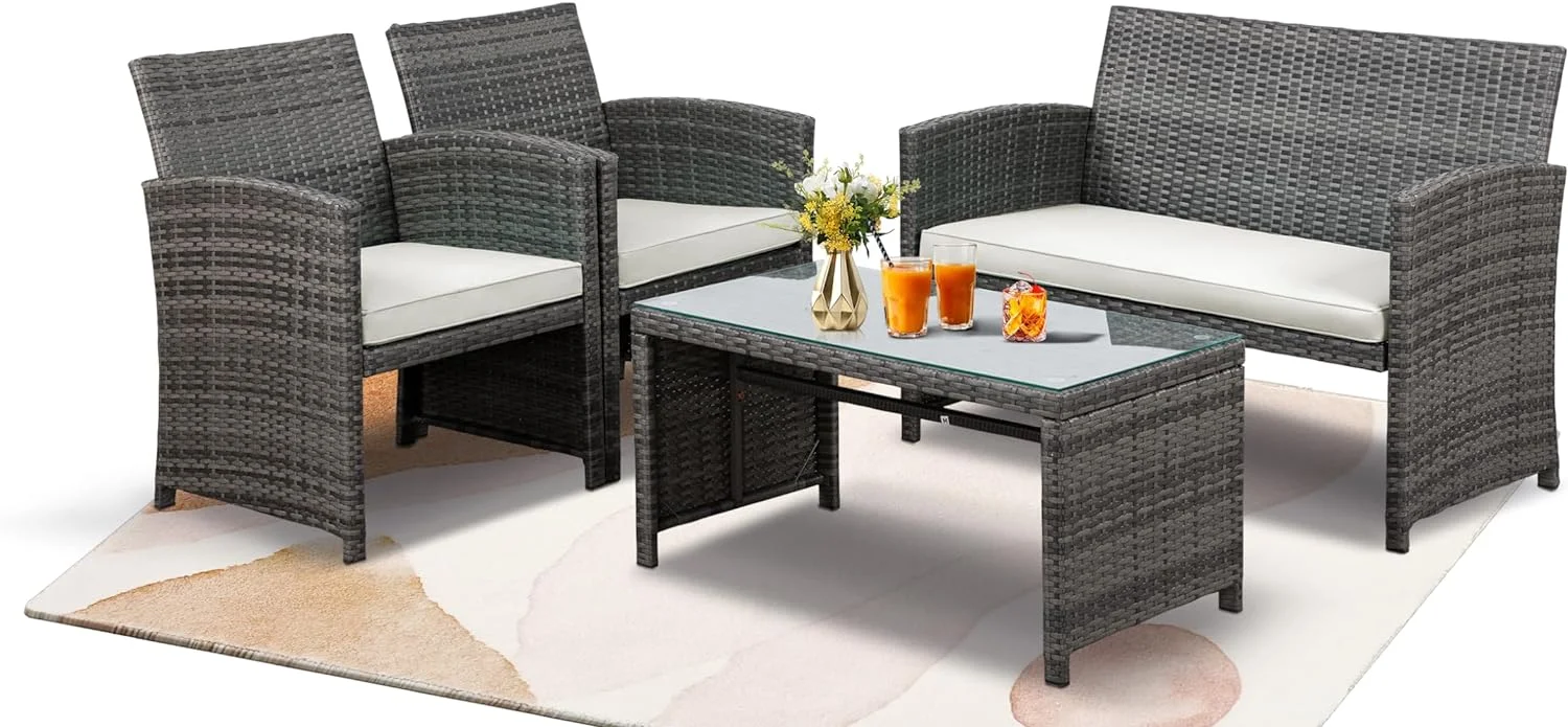 SJUIODC TUIONMJ 4 Pieces Outdoor Patio TUIONMJ Sets Conversation Sets Rattan Chair Wicker Set Coffee TUIONMJ Outdoor Indoor Use Backyard Porch Garden Poolside Balcony TUIONMJ(Black Rattan