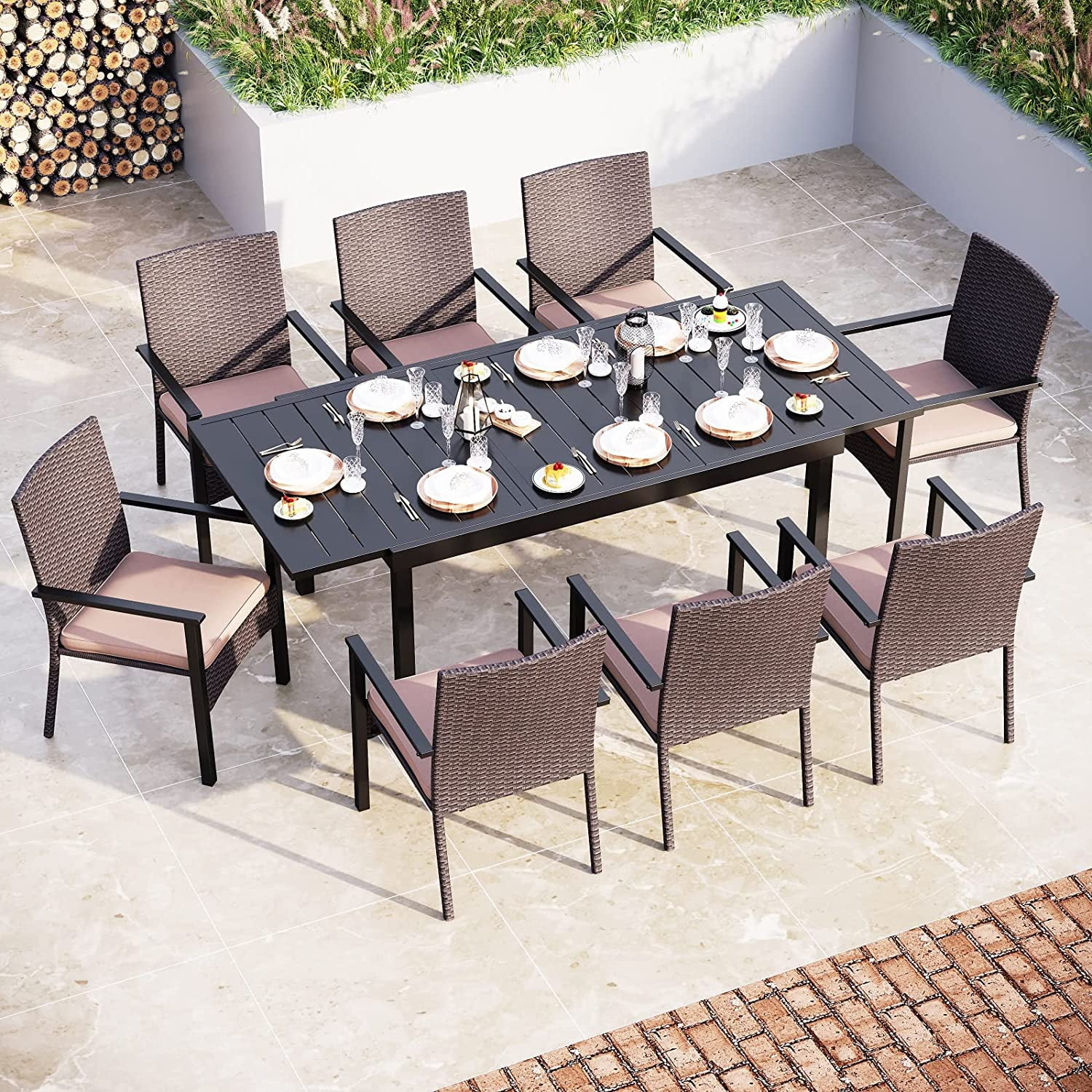 & William Outdoor Patio 7 Pieces Dining Set with 6 PE Rattan Chairs and 1 Rectangle Expandable Metal Table  Modern Outdoor Furniture with Seat Cushions for Poolside  Porch  Patio  Bal