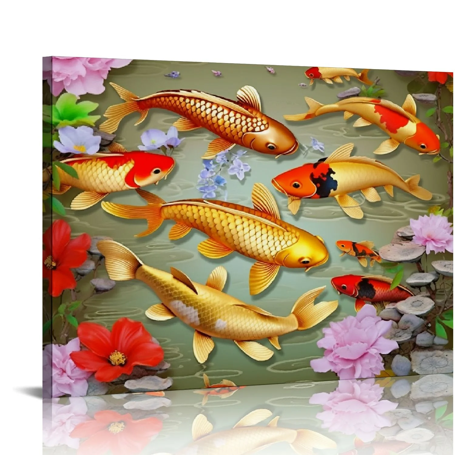 ONETECH  Art Framed Posters Prints Chinese Style Koi Lucky Carp Animal Feng Shui Koi Fish Painting Koi Pond and Lotus Flowers - Canvas Art Wall Art Home Decor