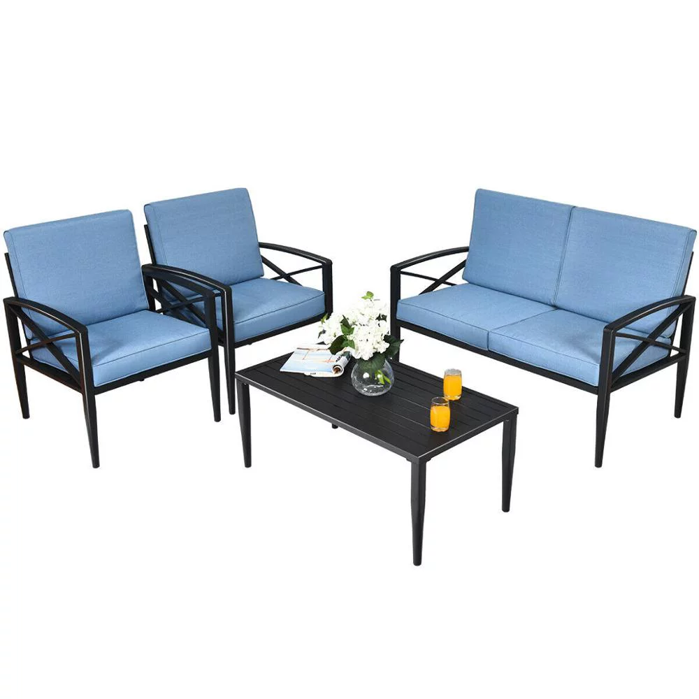 Blue 4PCS Patio Furniture Set Aluminum Frame Cushioned Sofa Chair Coffee Table