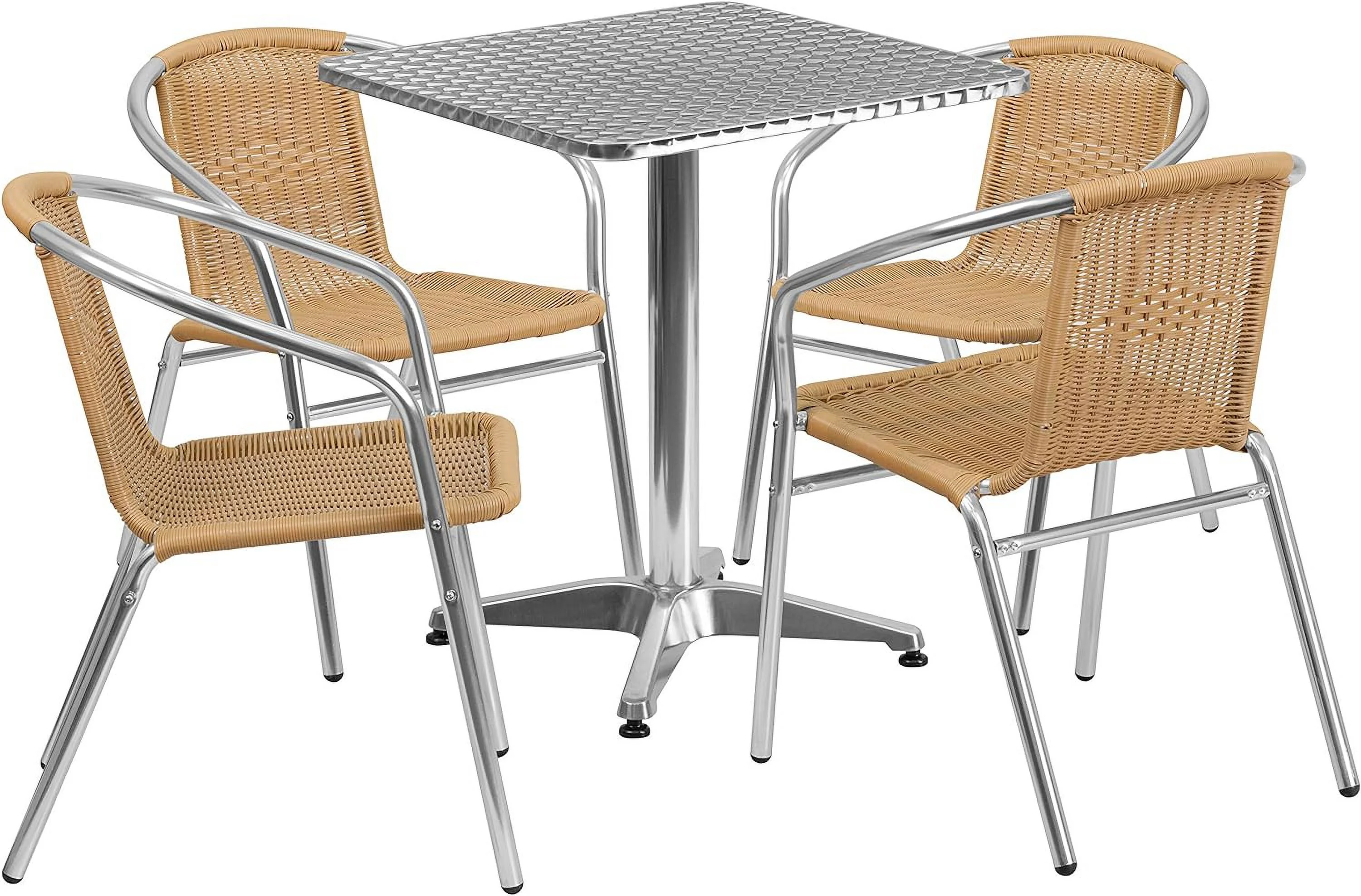 Square Aluminum Indoor-Outdoor Table Set with 4 Black Rattan Chairs