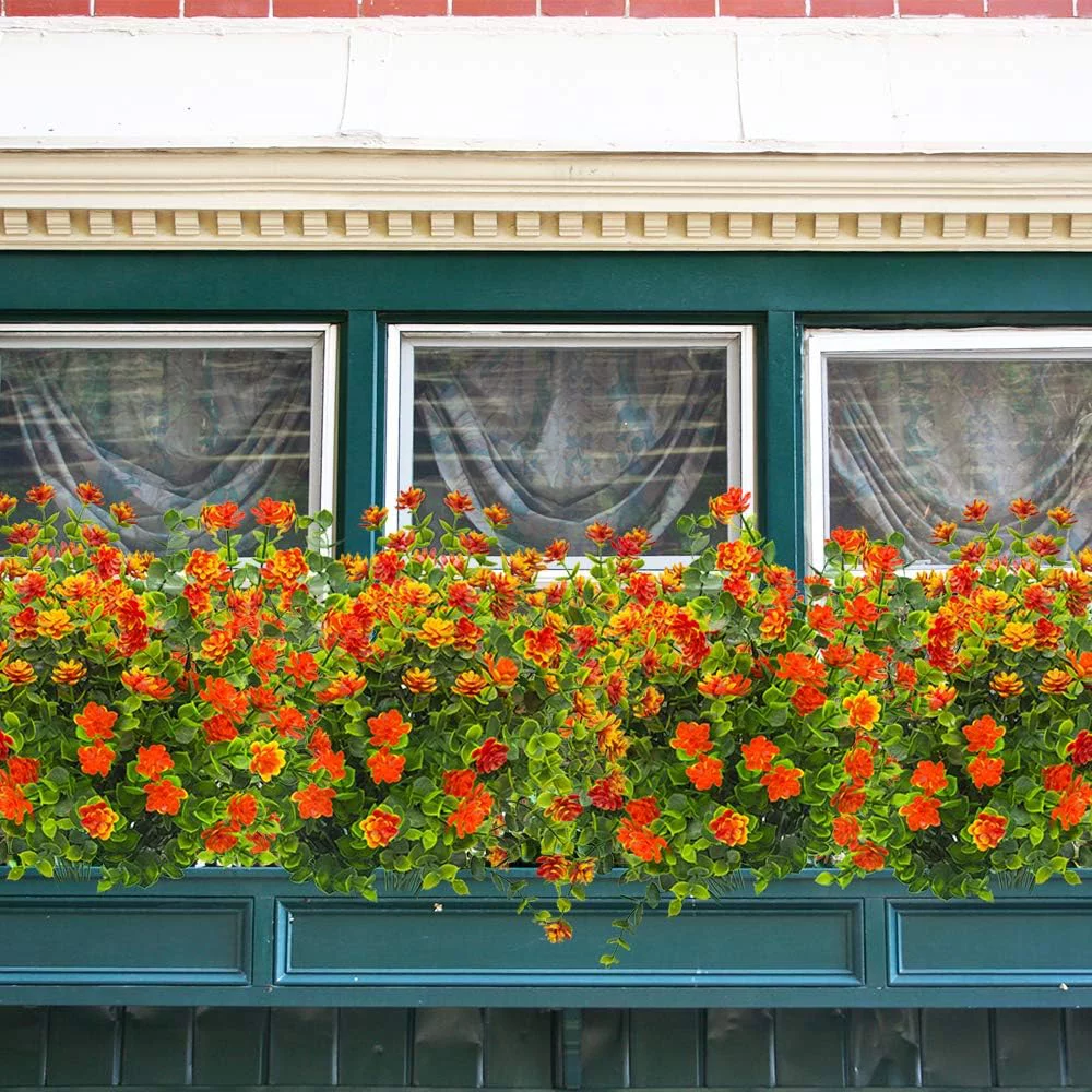 8 Bunches Artificial Flowers Outdoor UV Resistant Outdoors Fake Flowers Plants Faux Plastic Flower for Hanging Planters Garden Porch Home Window Box Decoration (Orange-Eucalyptus)