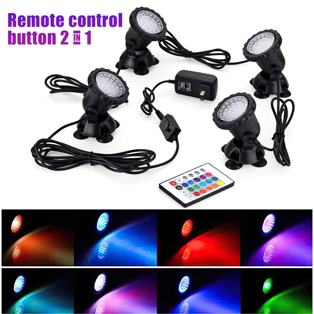 Submersible 36 LED RGB Pond Spot Lights Underwater Pool Fountain IP68+IR Remote