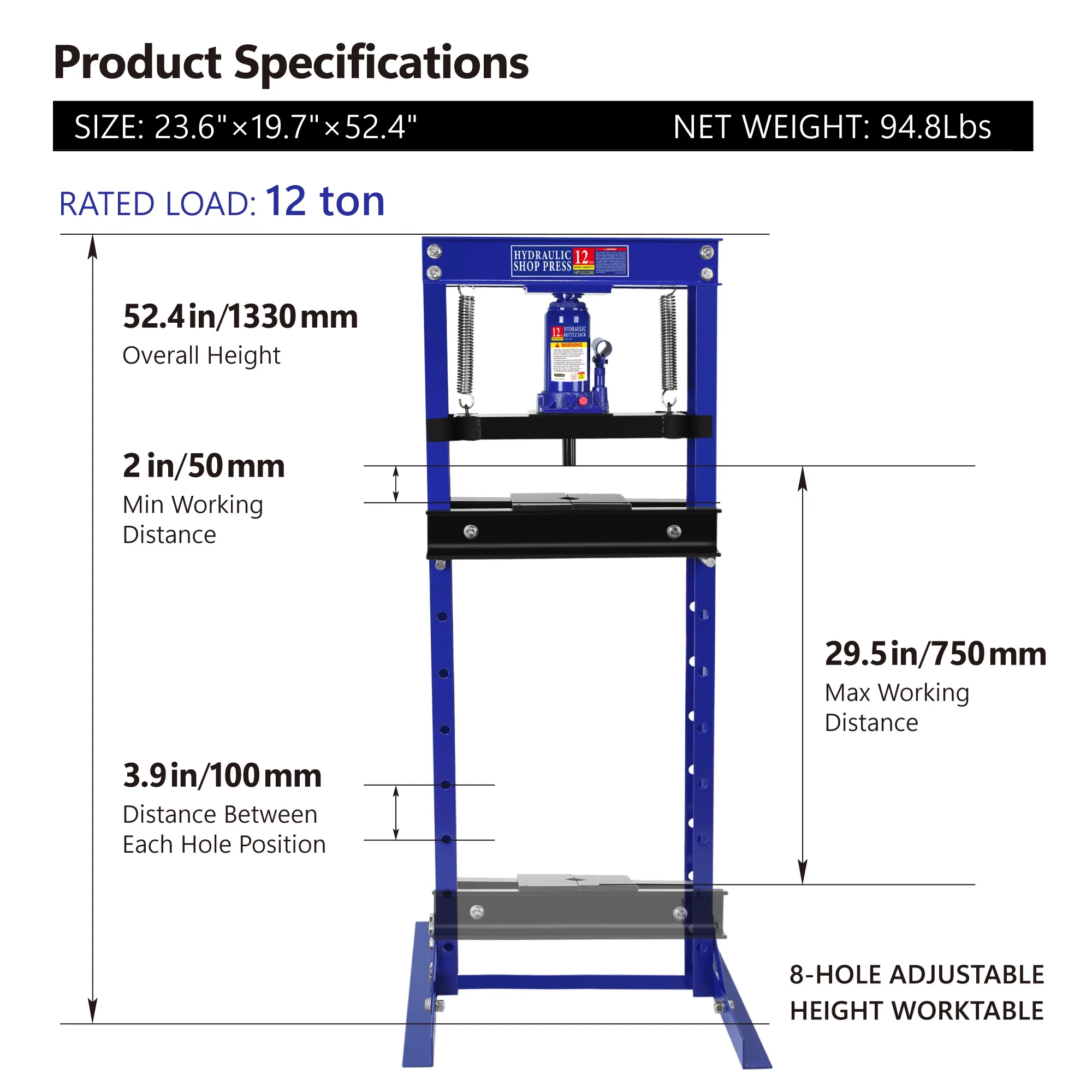 12 Ton Hydraulic Shop Press - Tackle Applications with Ease