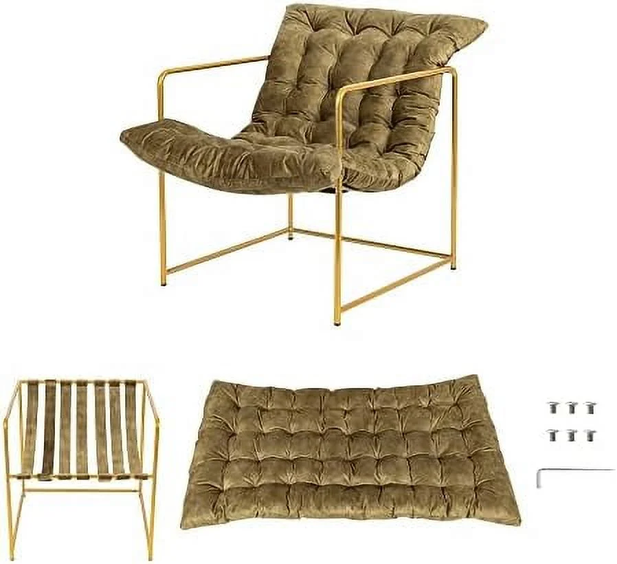 HYHBIBOOM Modern Sling Velvet  Chair with Gold Metal Frame Soft Cushion Armchair  Room Bedroom Office Olive Green