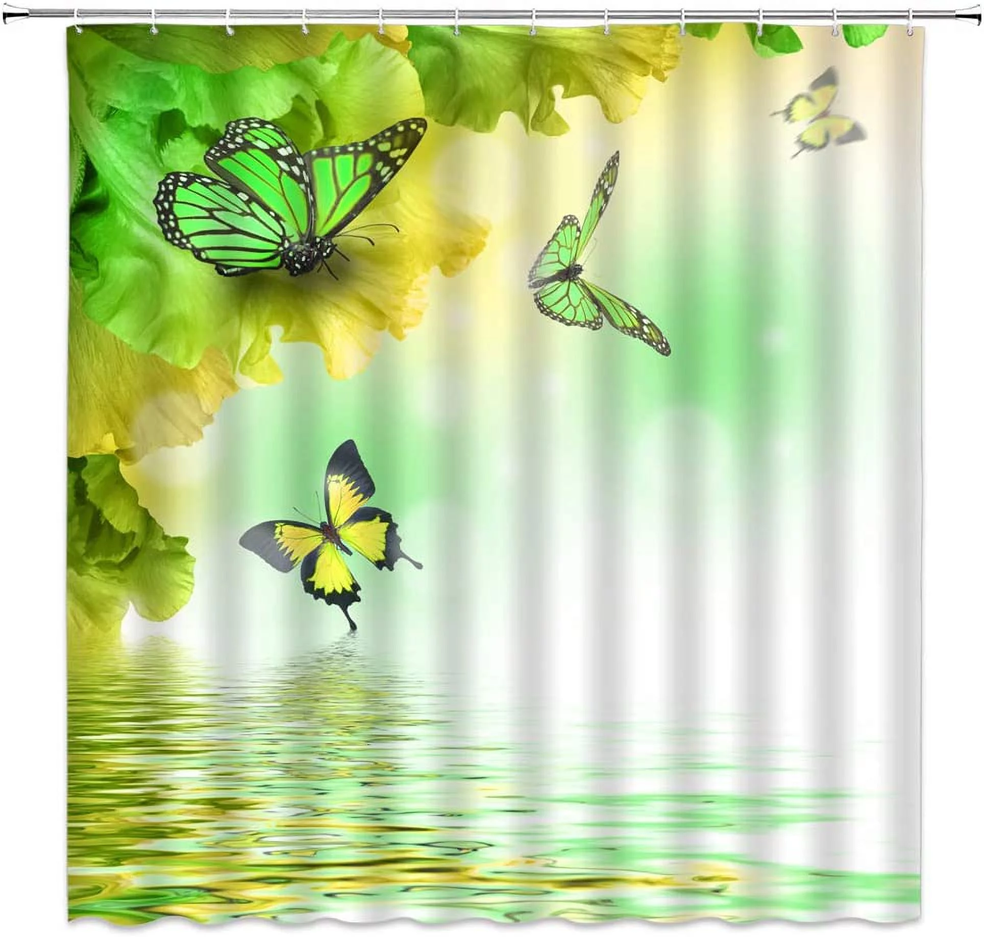 Butterfly Shower Curtain Fantasy Yellow and Green Flower Butterflies Wings Dream Water Ripple Floral Animal Lake Spa Spring Scenery Fabric Bathroom Decor Set with Hooks,Yellow Green(72