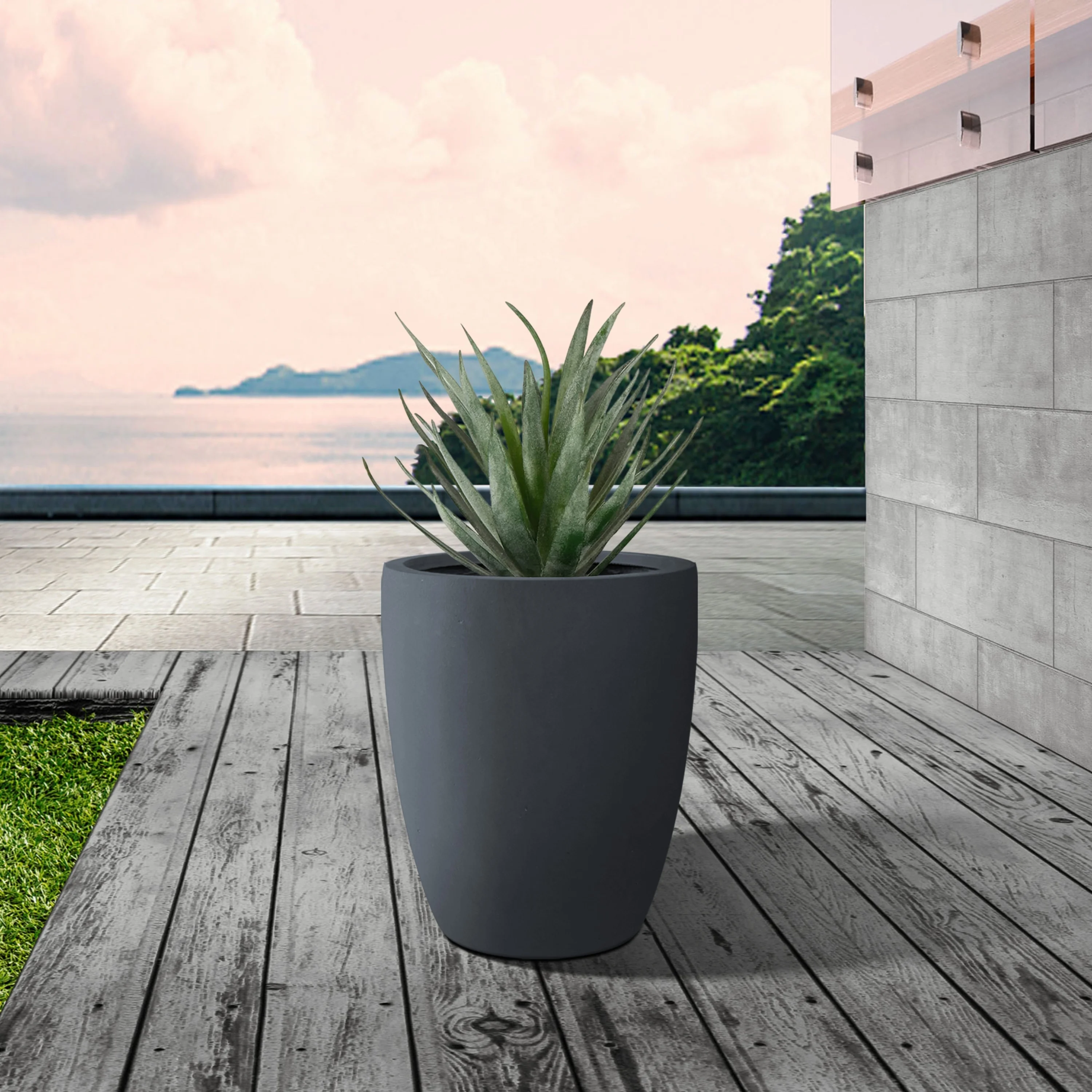 Kante  Round Lightweight Concrete and Weather Resistant Fiberglass Indoor Outdoor Planter with Drainage Hole Charcoal