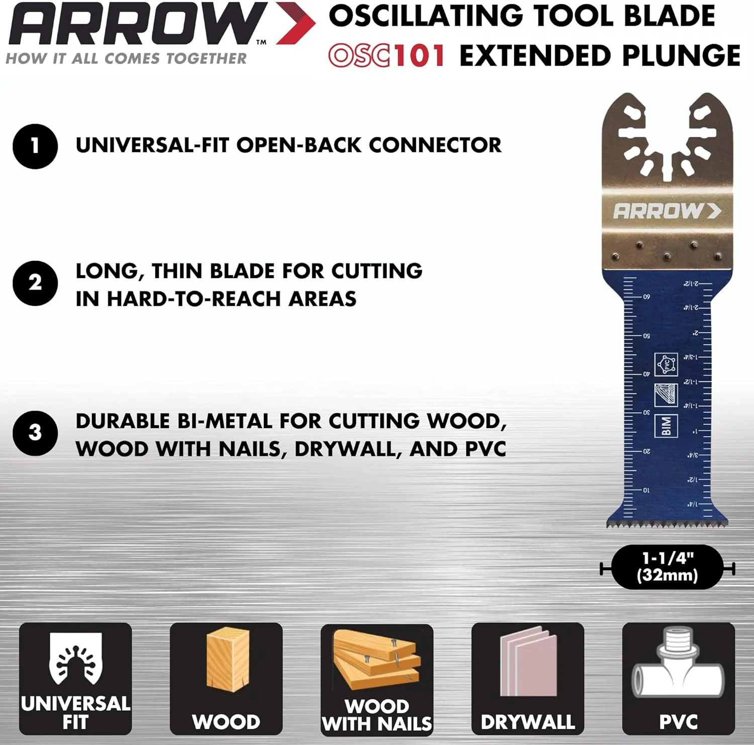 Arrow OSC101VP-3 Multi-Material Oscillating Tool Blade Variety Pack for Copper Pipe, Wood, PVC, Drywall, Universal, Fits Most Multitools, 1 ¼″, 1 ⁵⁄₁₆″, and 2 ½″, 3-Pack