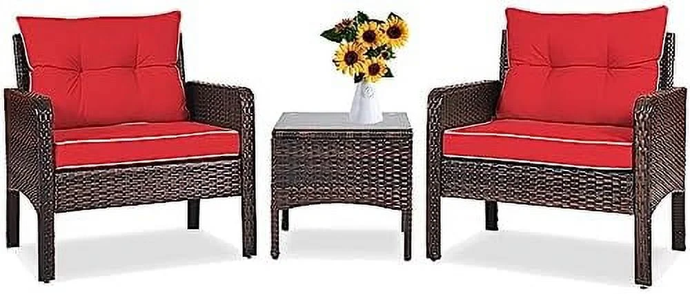 HBLUKDL 3 Piece Patio  Set  Outdoor Rattan Sectional Sofa Set with Seat Cushions  Modern  with Coffee Table & Chairs  Wicker Conversation Set for Garden Balcony Poolside  Red