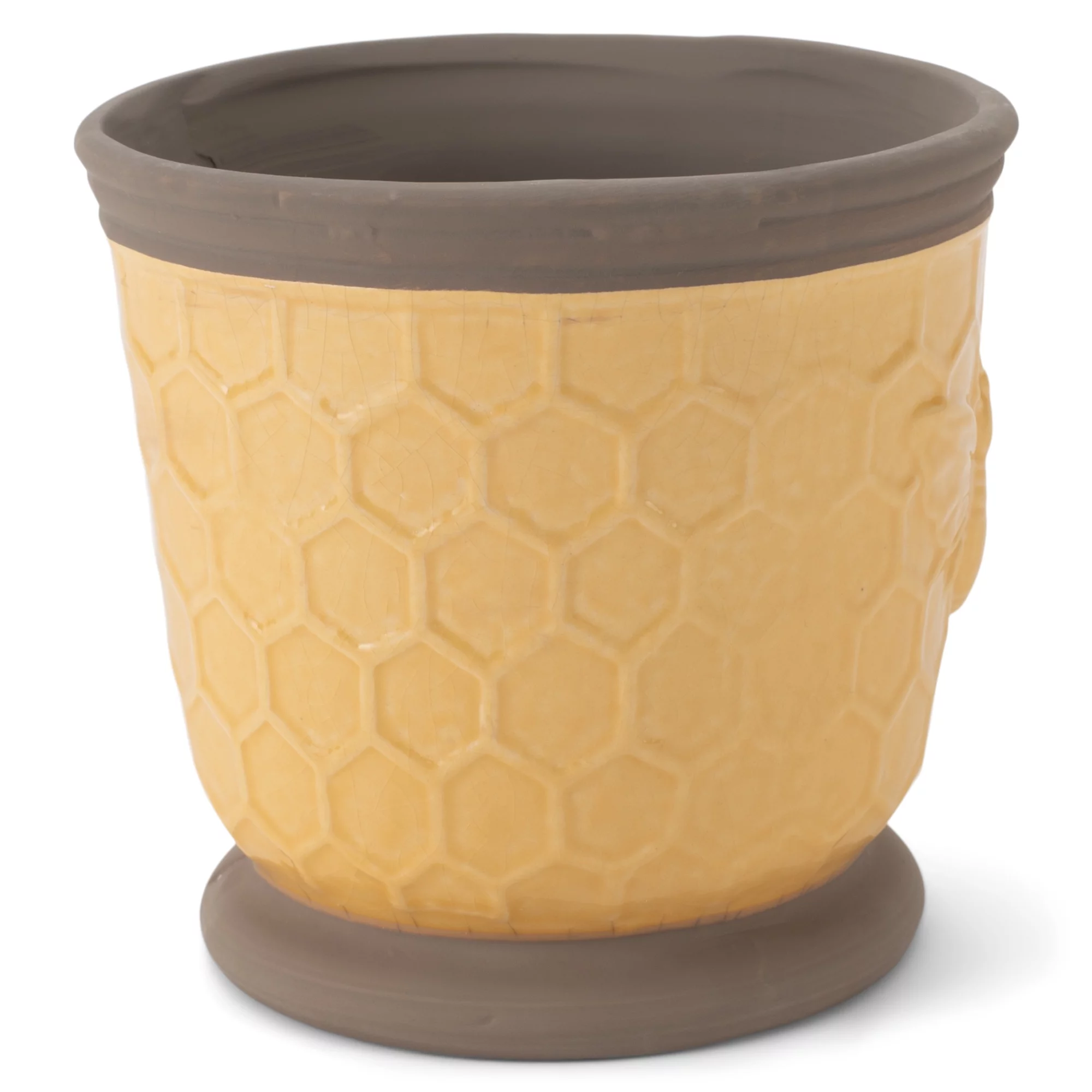 Napco Honeycomb Design Yellow and Dark Brown 4.75 Inch Ceramic Flower Pot Planter