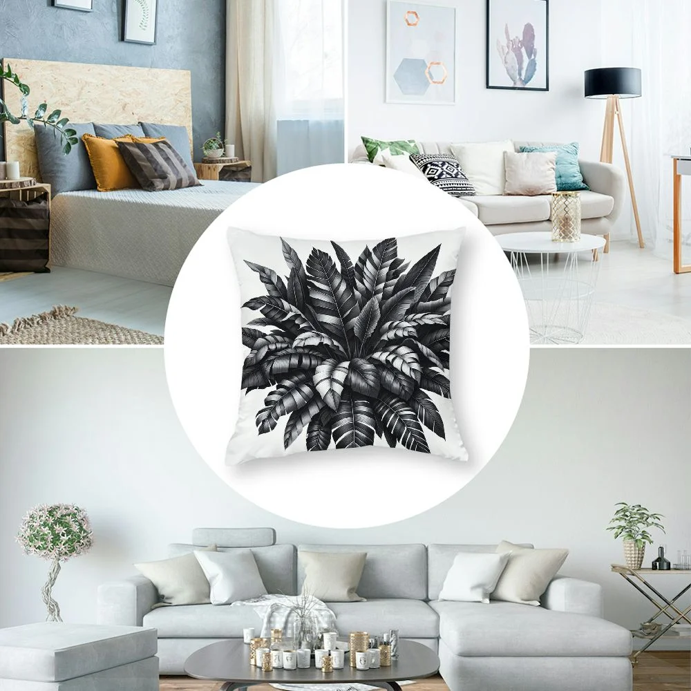 TIAOTIAOHOU Black White Tropical Plants Monstera Leaf Areca Palm Banana Leaves High-Quality Plush Pillowcase Set of 2 White