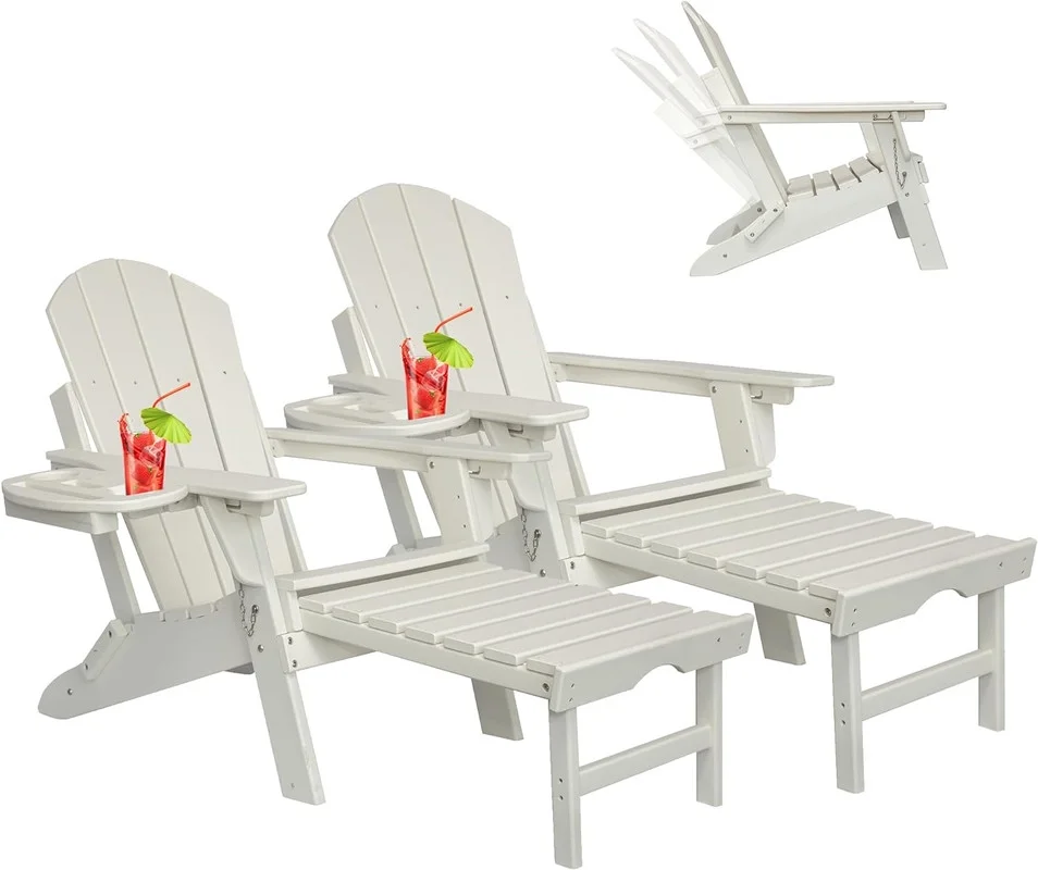 2PCS Folding Adirondack Chair with Retractable Ottoman, HDPE All-Weather Resistant Adjustable Backrest Adirondack Chair w/4 in 1 Cup Holder Trays, White
