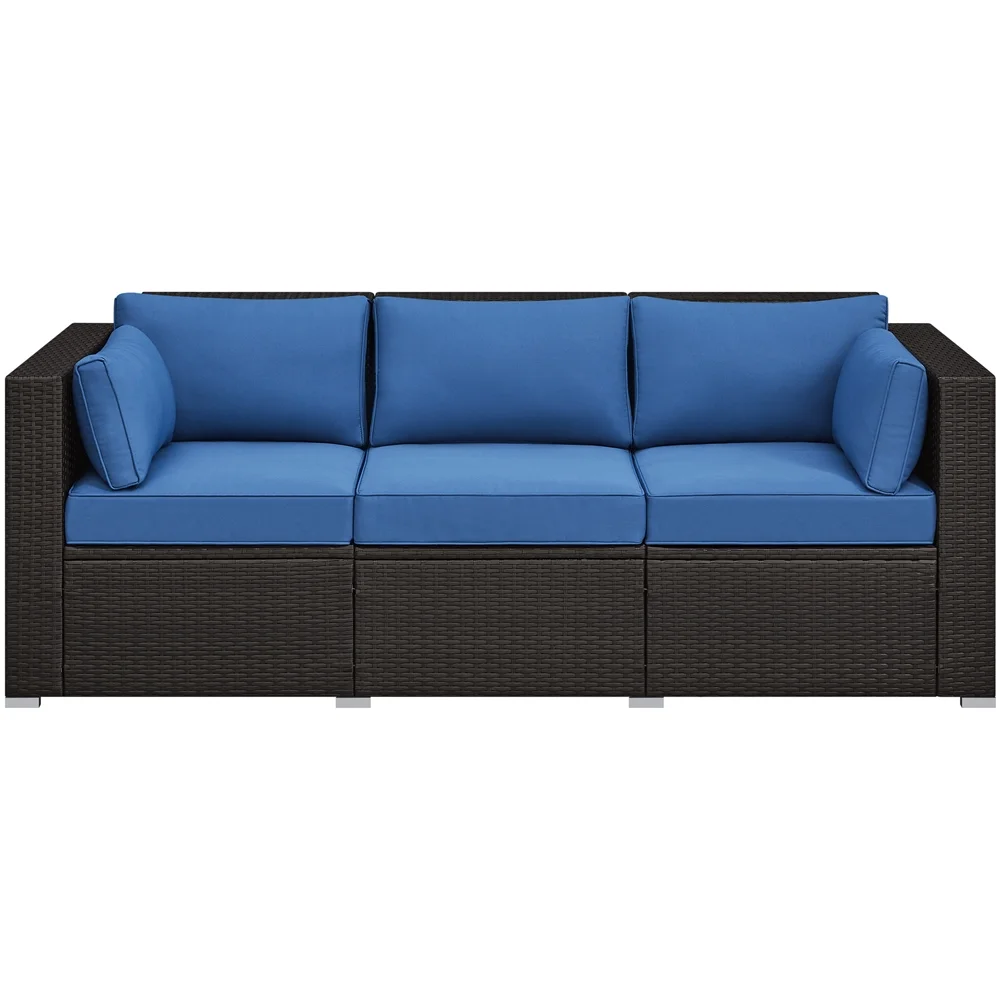 Alden Design 3-Seater Patio Resin Wicker Sofa with Throw Pillows for Yard, Brown/Dark Blue