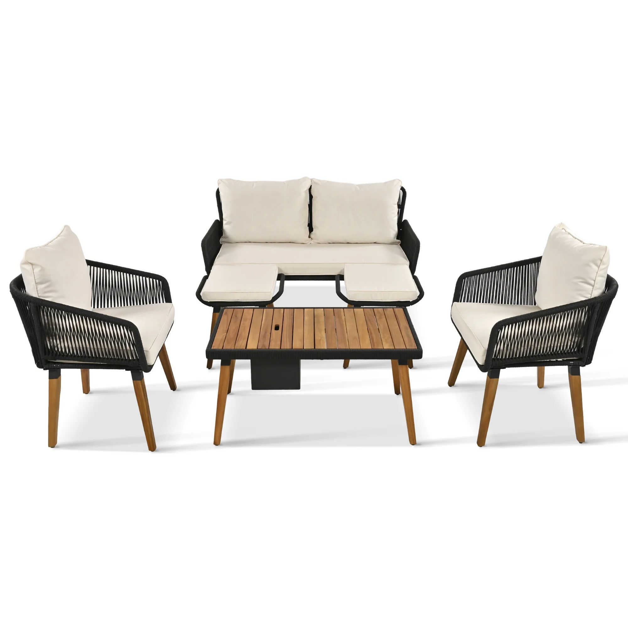 6 Pieces Rope Patio Furniture Set, Outdoor Conversation Set Sofa Chairs Stools with Table and Ice Bucket for Backyard Porch Balcony