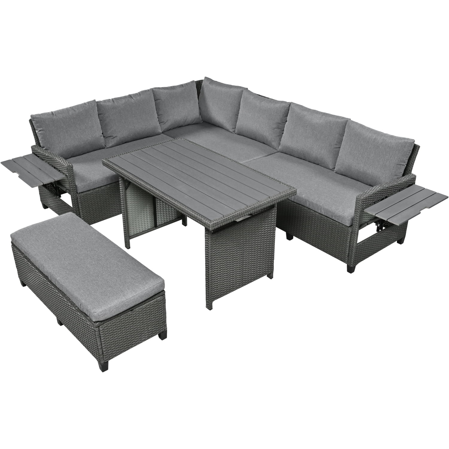 TOMAX 5-Piece Outdoor Patio Rattan Sofa Set  Sectional PE Wicker L-Shaped Garden Furniture Set with 2 Extendable Side Tables  Dining Table and Washable Covers for Backyard  Poolside  Indo