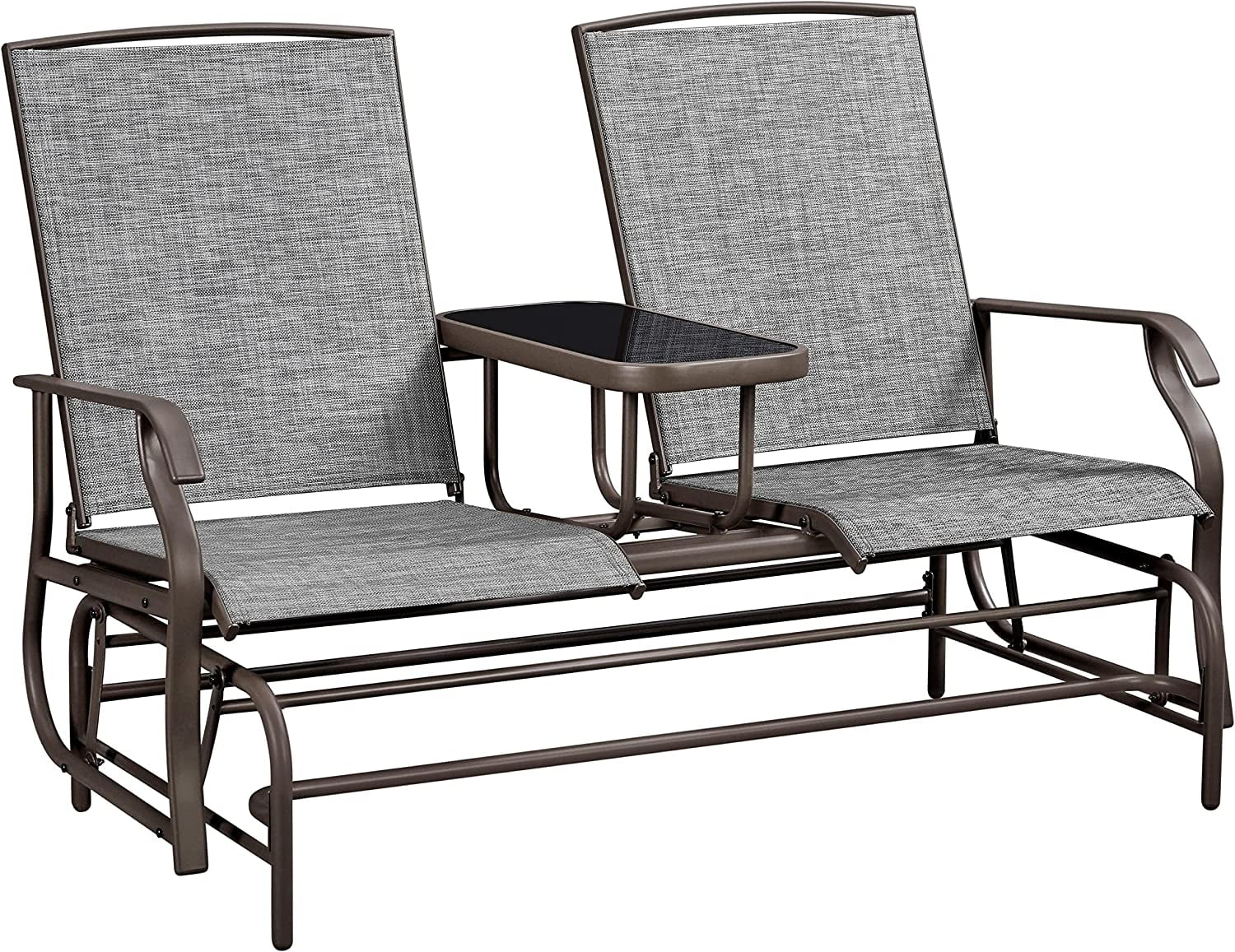 2-Seat Outdoor Glider with Center Table, Patio Rocking Loveseat with Breathable Mesh Sturdy Metal Frame for Garden Pool Lawn