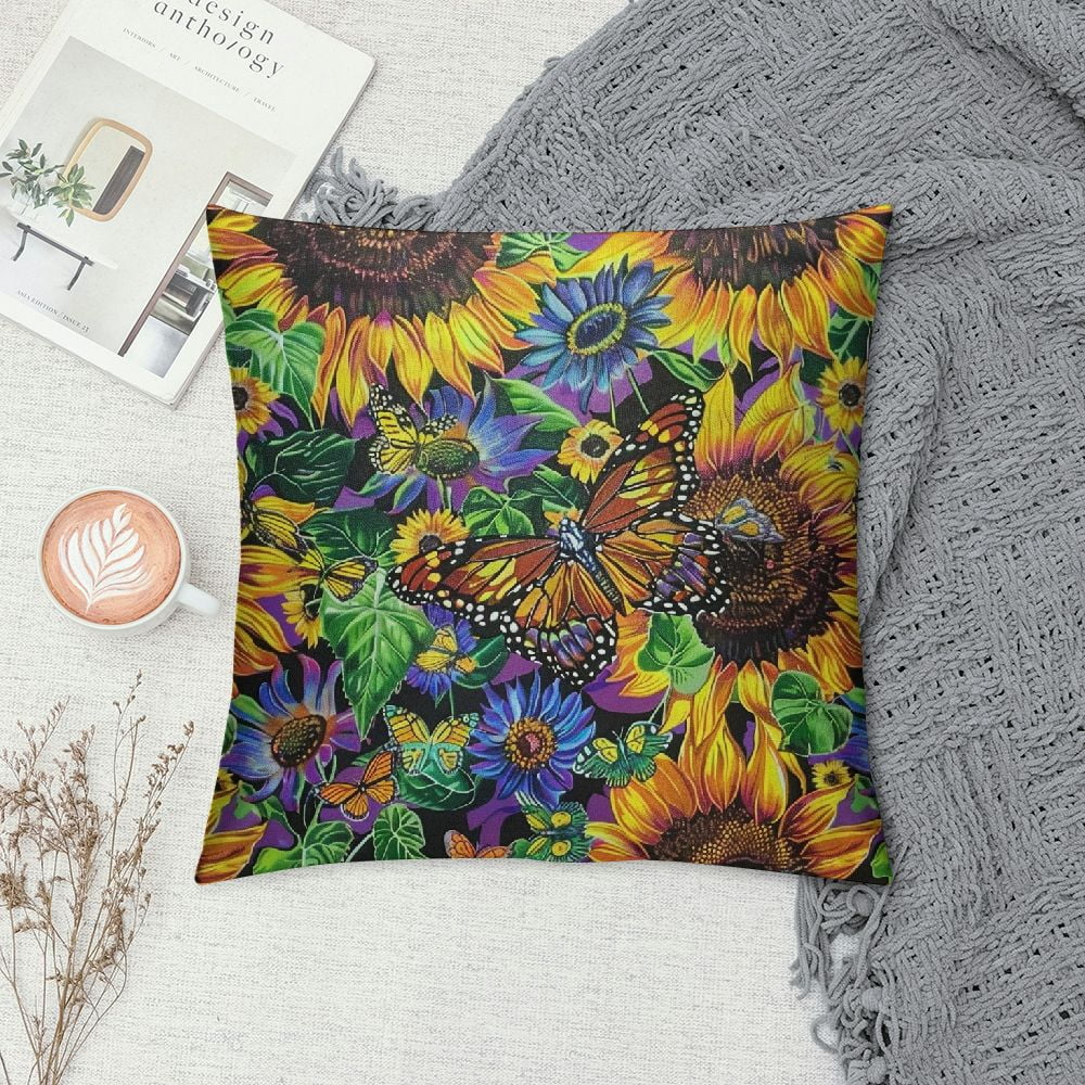 Patifu Purple Butterfly Pillow Cover Retro Watercolor Sunflower Leaves Pillow Case for Kids Teens Adults Botanical Floral Rustic Garden Style Cushion Cover for Room Decor Chairs 22x22 Inch White