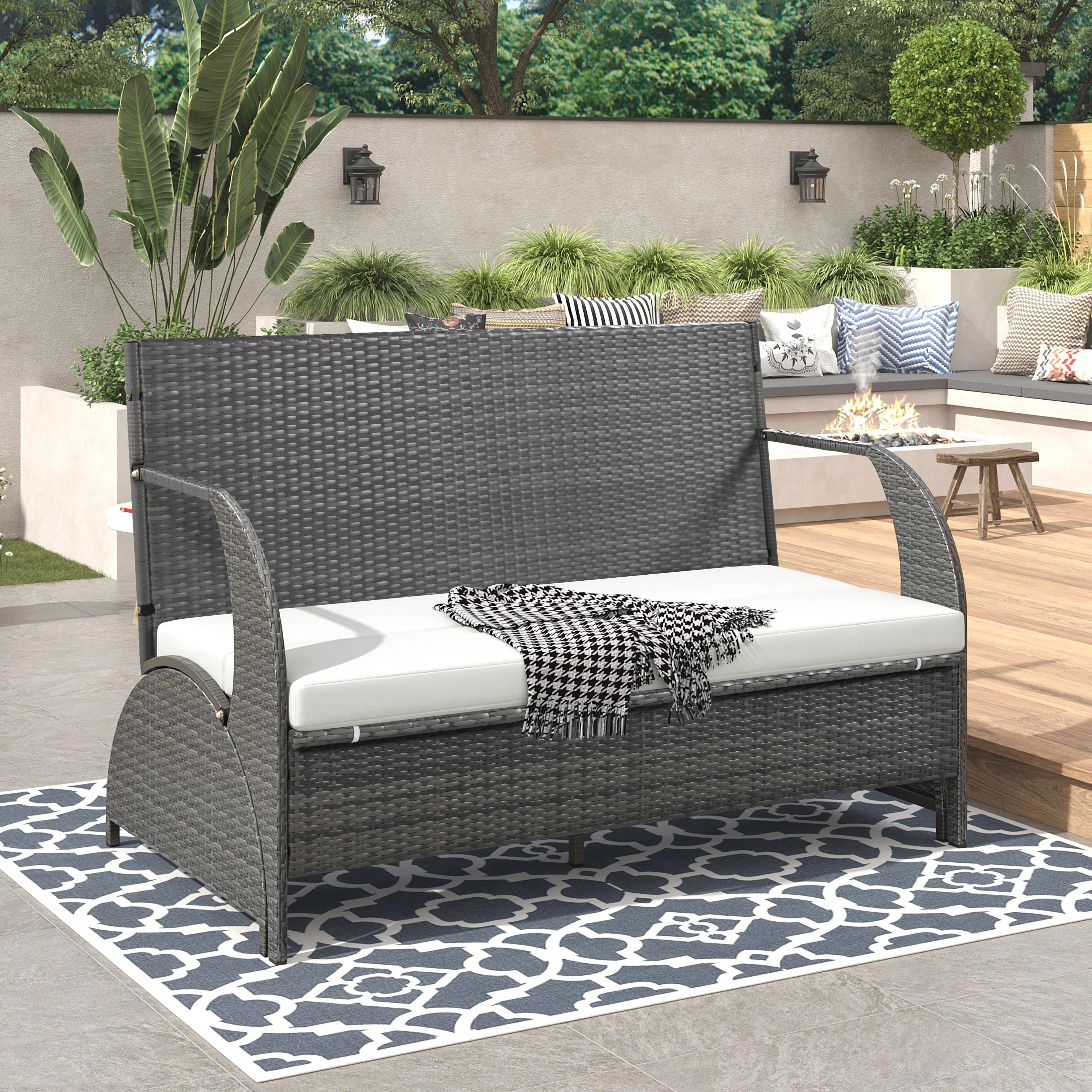 Syngar Outdoor Loveseat, Convertible into Patio Dining Table and Benches Set, All-Weather PE Wicker Patio Furniture Set, 2-in-1 Multifunctional Space Saving Design, for Backyard Poolside Garden Lawn