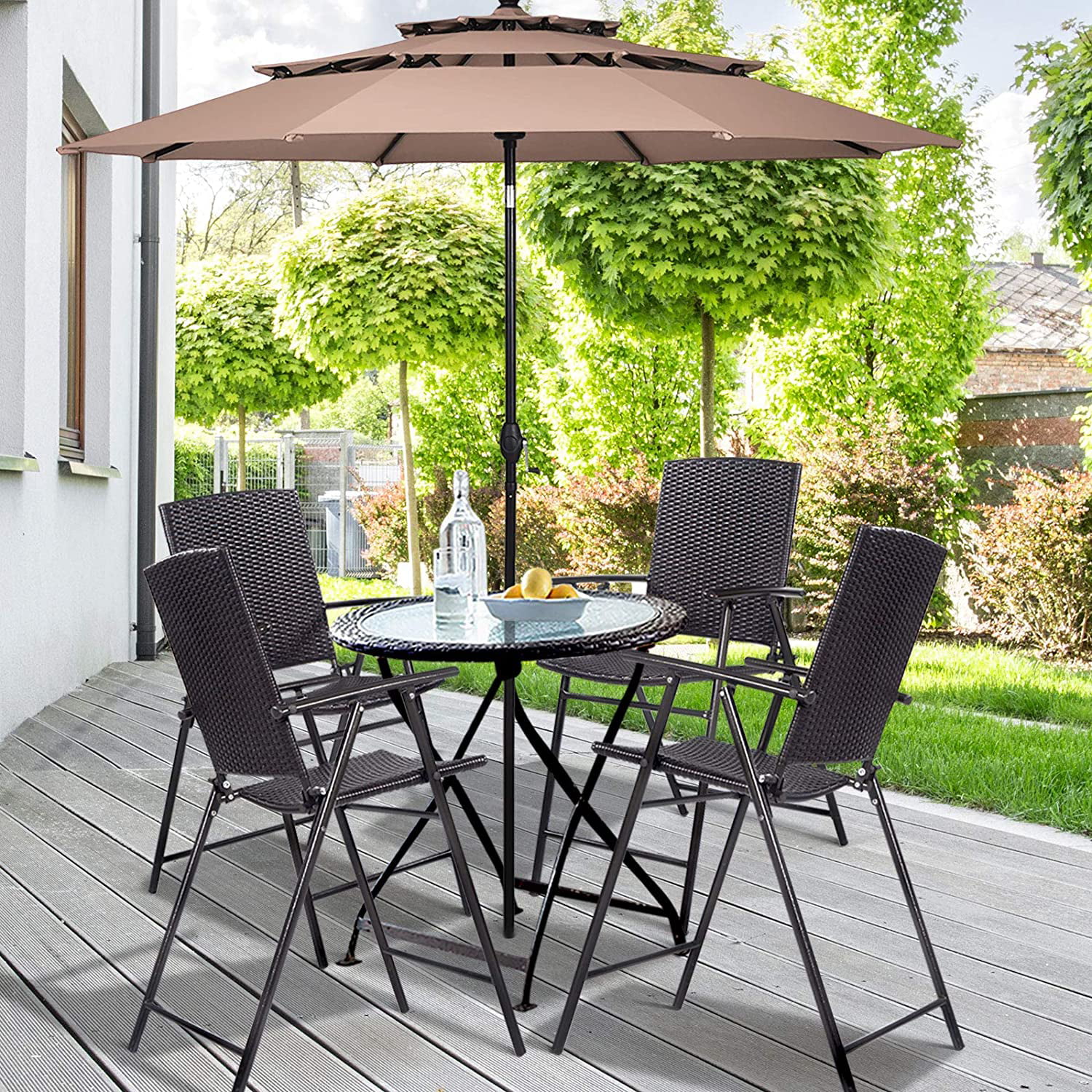 QUGDXVBN Folding Wicker Rattan  Chairs Set of 4 Tall Stool with Back Steel Frame Armrests and Footrest  Stools Garden Patio  Set
