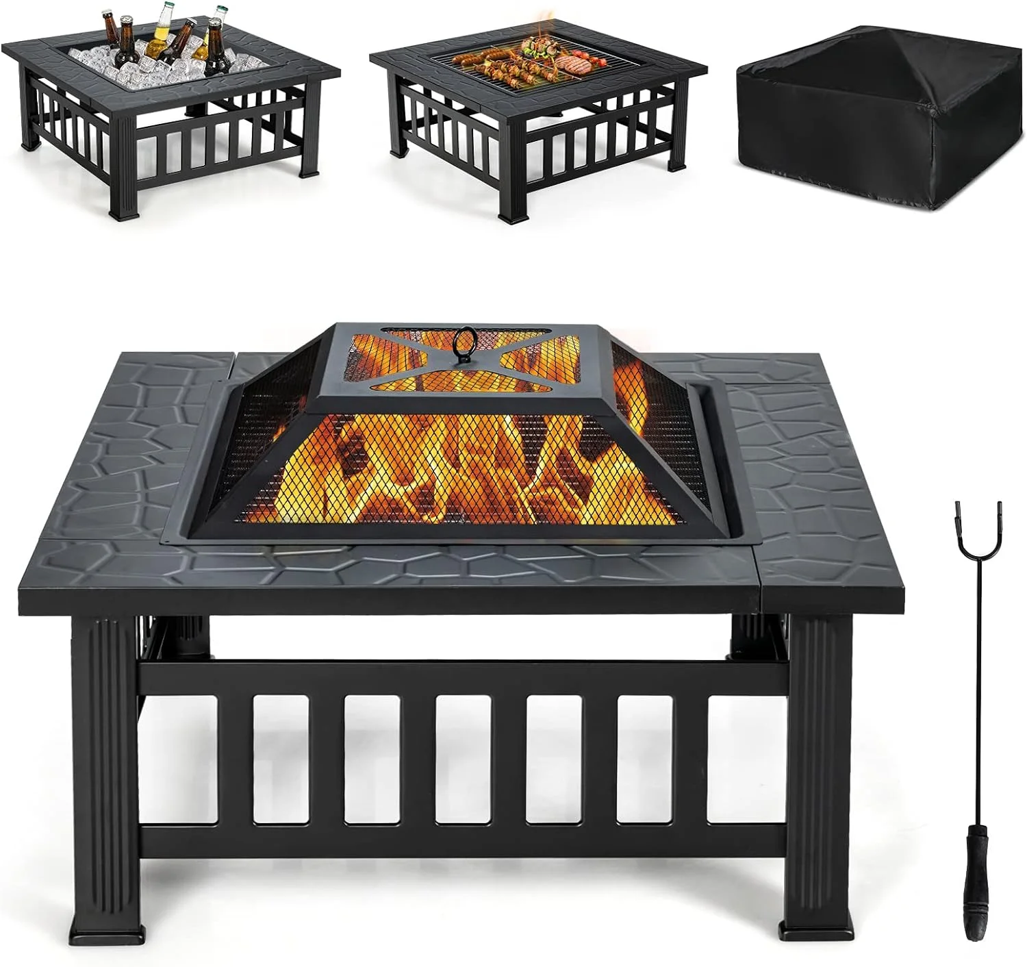 Outdoor , 3 In 1 Square Wood Burning Fire Table, Multifunctional Firepit For Outside Patio Backyard Porch Garden, Stove Fireplace With Rain Cover For Picnic, Camping